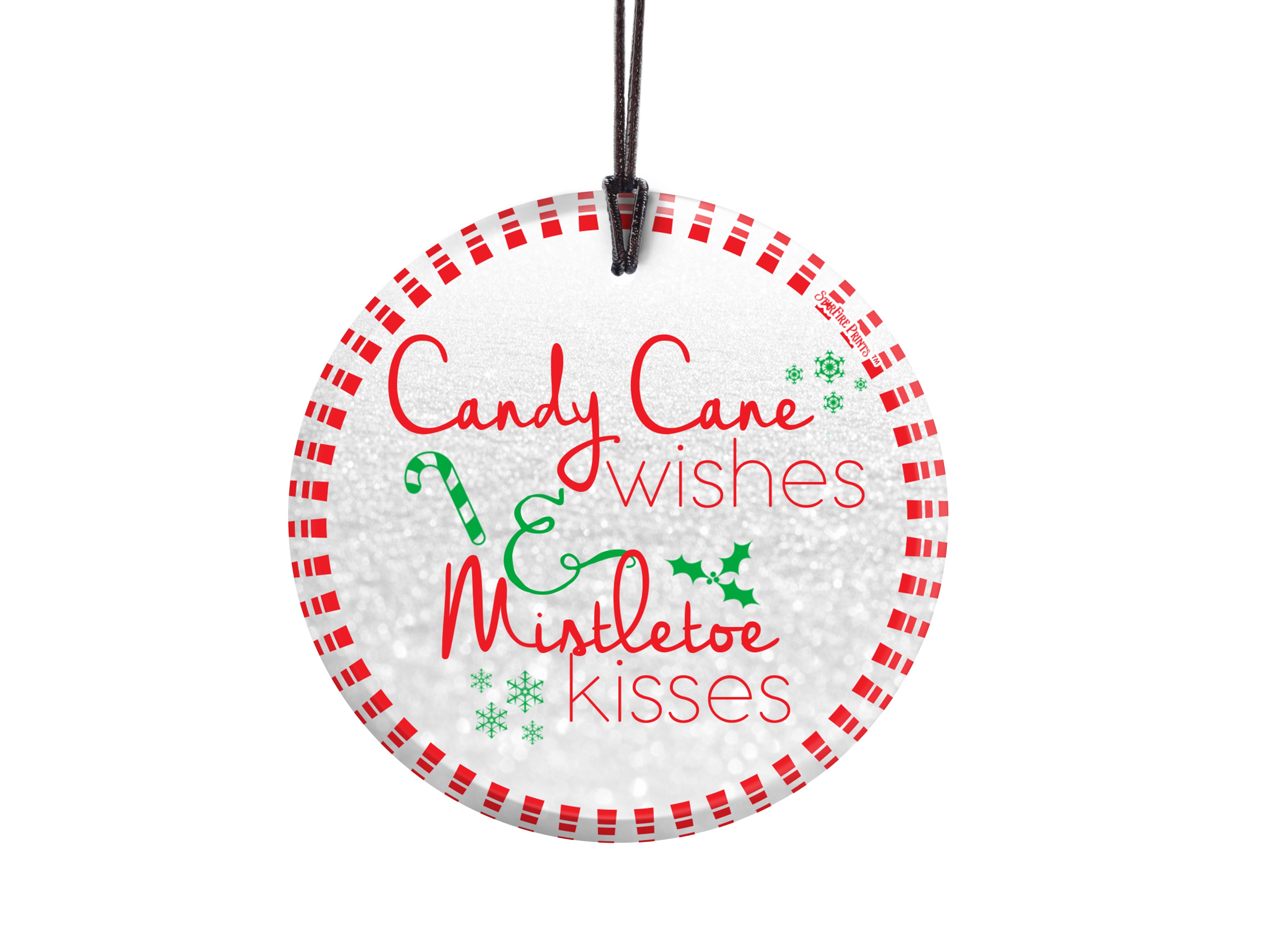 Christmas Collection (Candy Cane Wishes and Mistletoe Kisses) StarFire Prints™ Hanging Glass Ornament SPCIR761