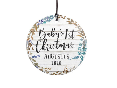 Baby's First Christmas (Shiplap and Leaves - Personalized) StarFire Prints Hanging Glass Print