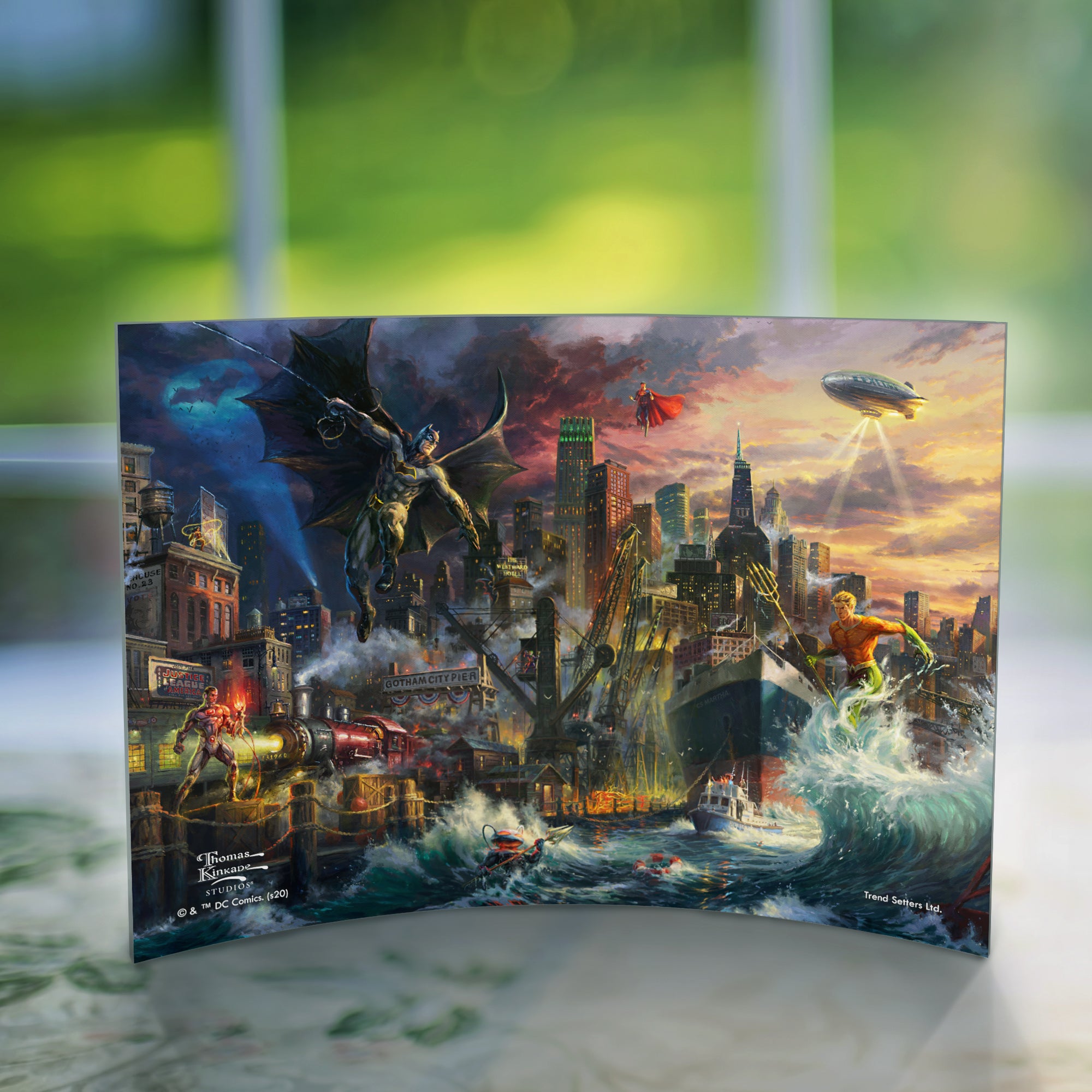 Thomas Kinkade Studios (Justice League Showdown at Gotham City Pier) 7" x 5" Curved Acrylic Print ACP0705CUR574