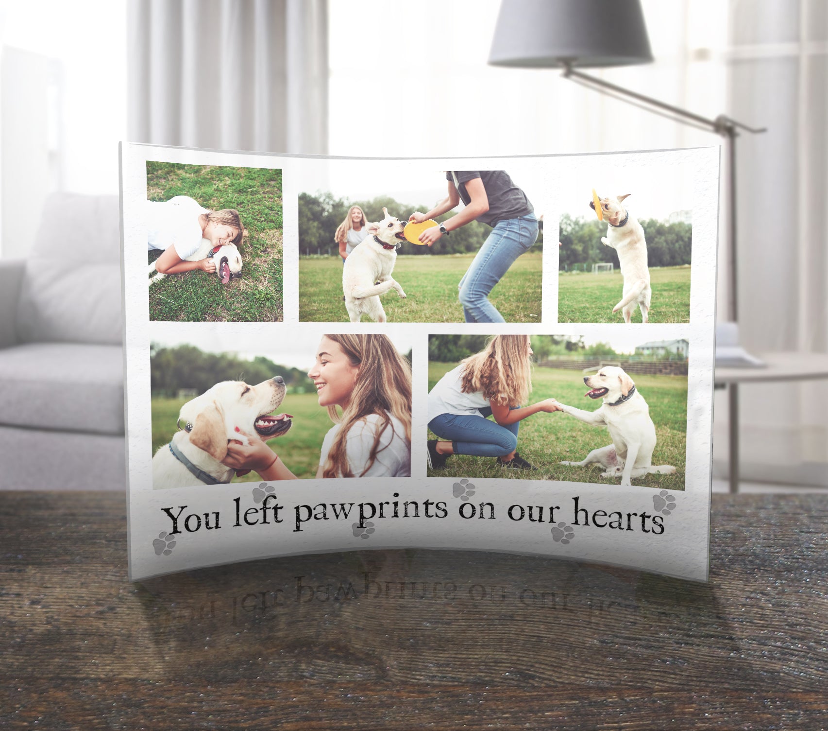 Memorial Collection (Personalized Paw Prints on Our Hearts) 10” x 7” Curved Acrylic Print