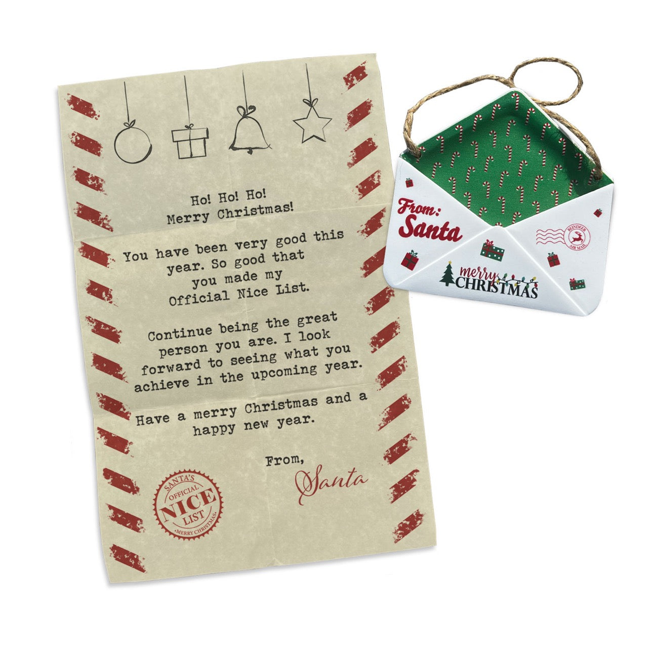 Christmas Collection (Note From Santa) Green Candy Cane Envelope Resin Ornament GRENV003