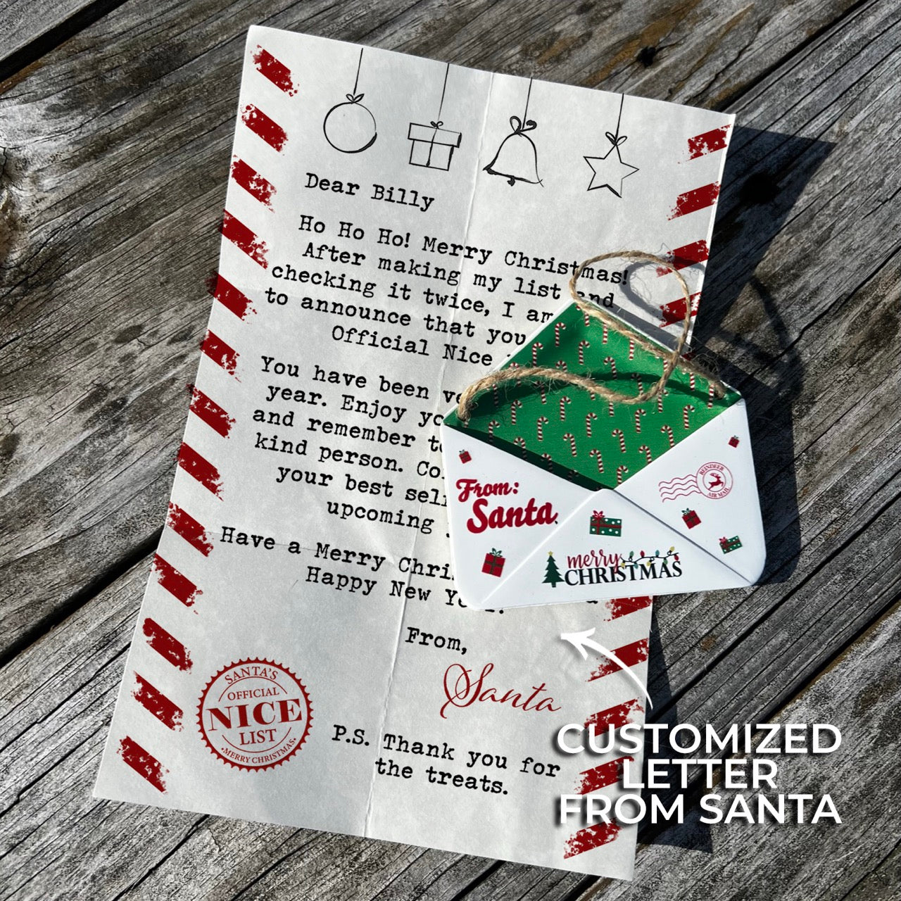 Christmas Collection (Note From Santa - Personalized) Green Candy Cane Envelope Resin Ornament with Letter GRENV004