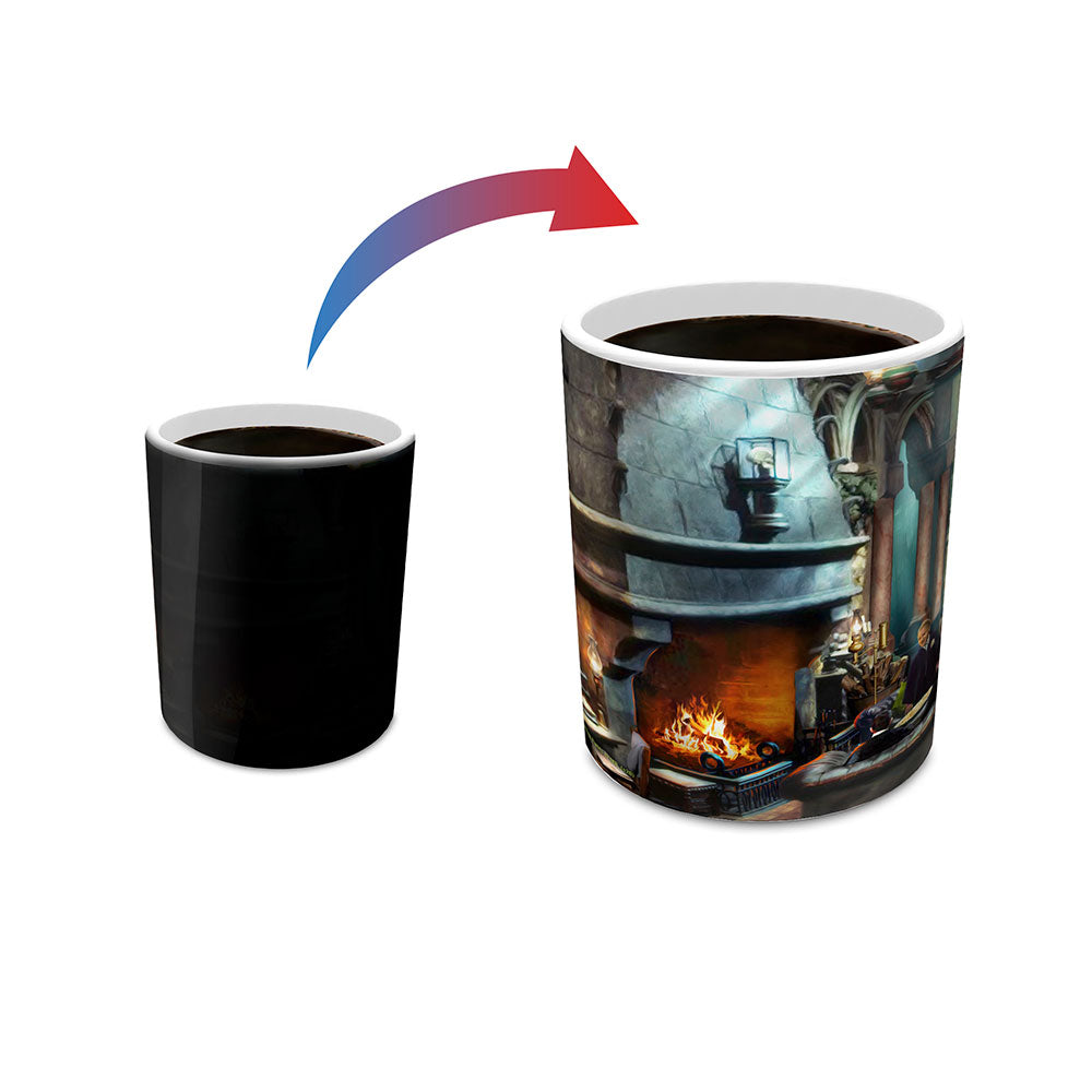 A mug shown in two states on a white background: a plain black mug on the left and a printed mug on the right with a red arrow above indicating a color-change or reveal effect.
