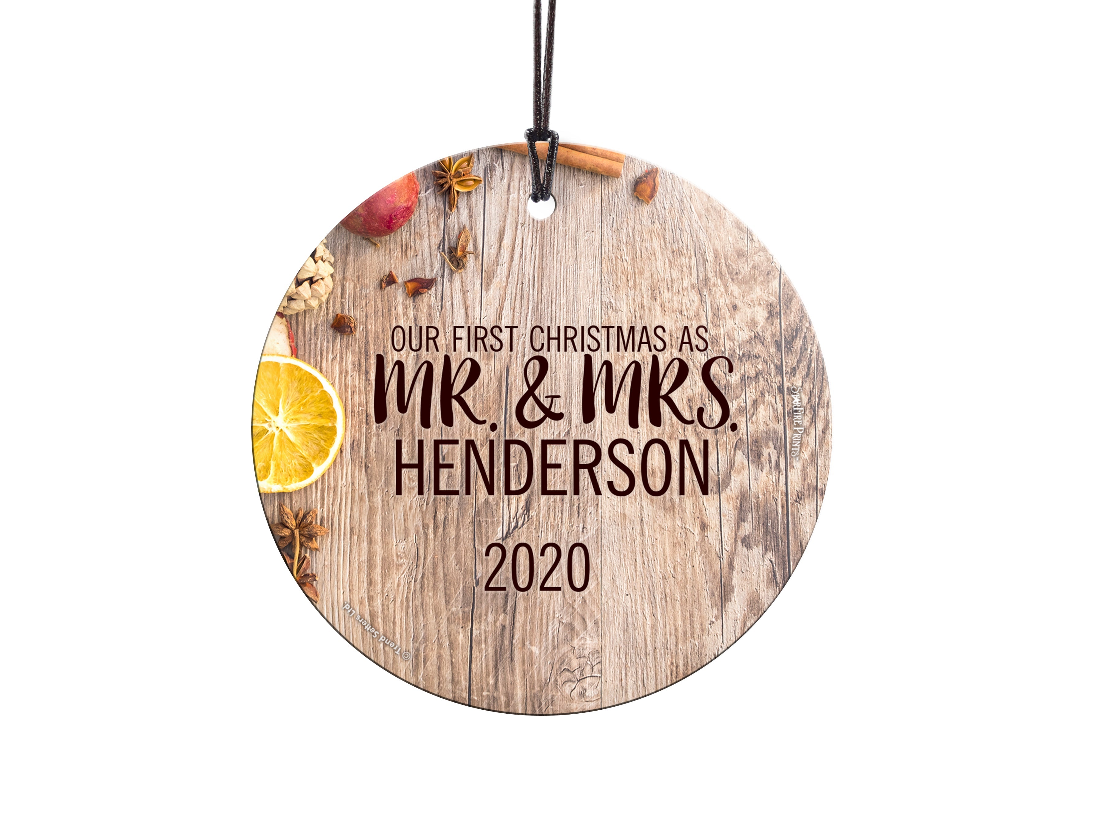 Christmas Collection (Our First Christmas as Mr. and Mrs. Orange – Personalized) StarFire Prints™ Hanging Glass Print