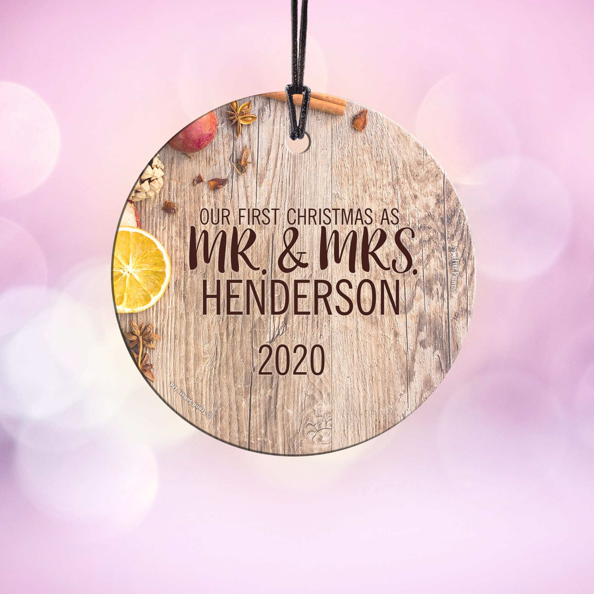 Christmas Collection (Our First Christmas as Mr. and Mrs. Orange – Personalized) StarFire Prints™ Hanging Glass Print