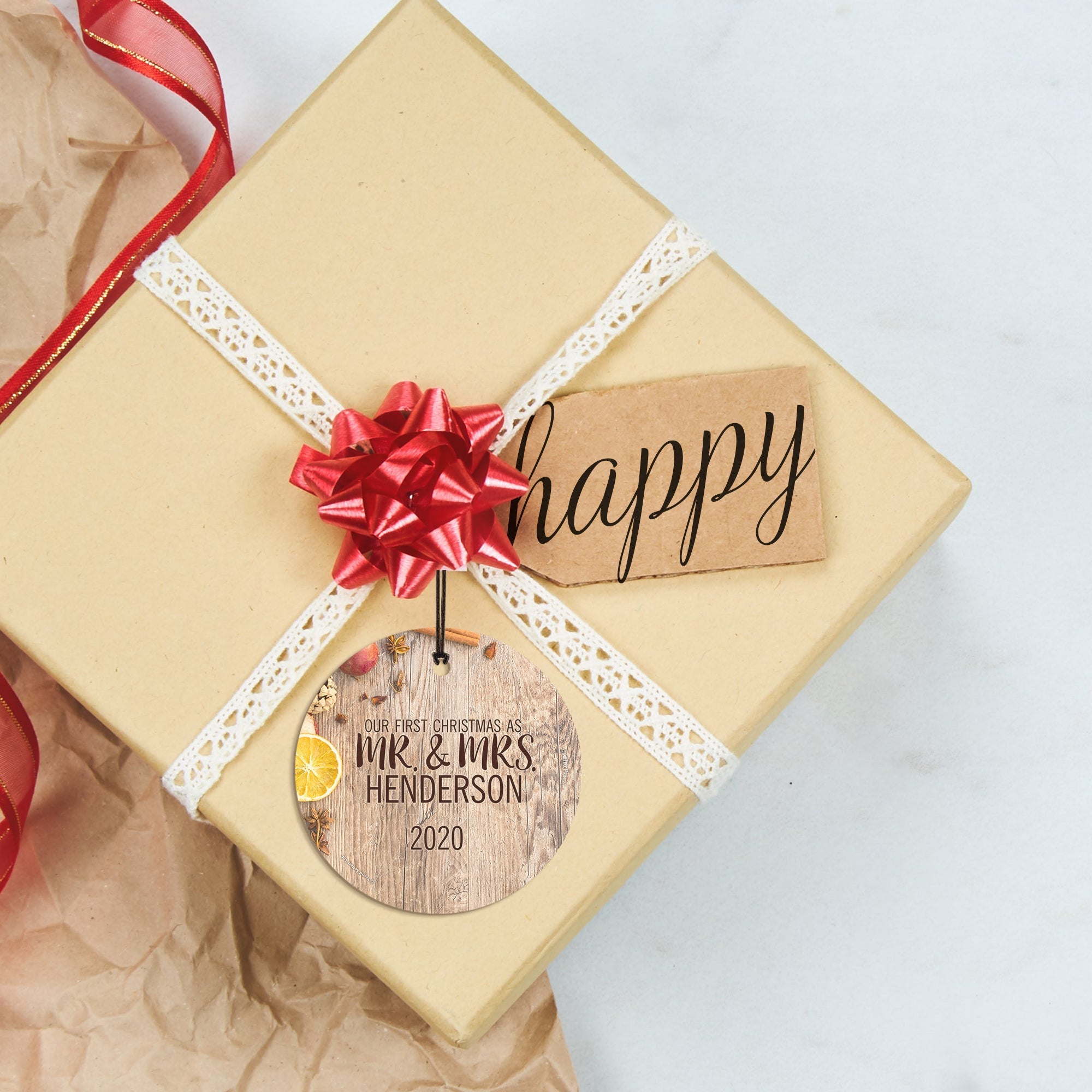 Christmas Collection (Our First Christmas as Mr. and Mrs. Orange – Personalized) StarFire Prints™ Hanging Glass Print