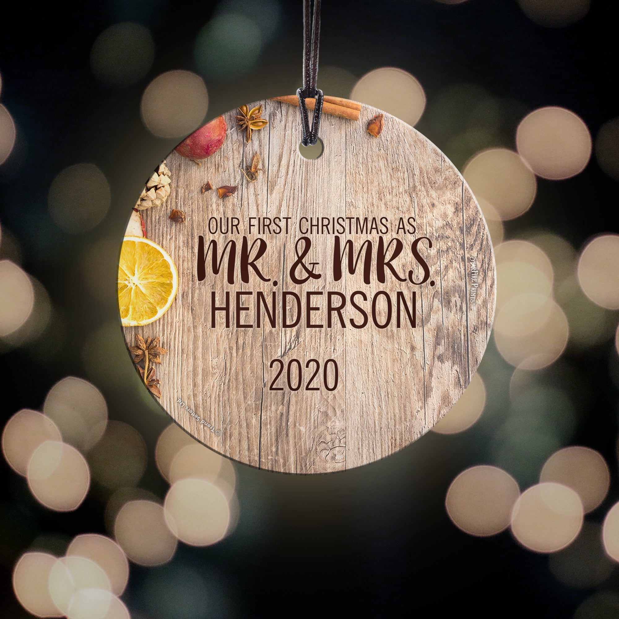 Christmas Collection (Our First Christmas as Mr. and Mrs. Orange – Personalized) StarFire Prints™ Hanging Glass Print