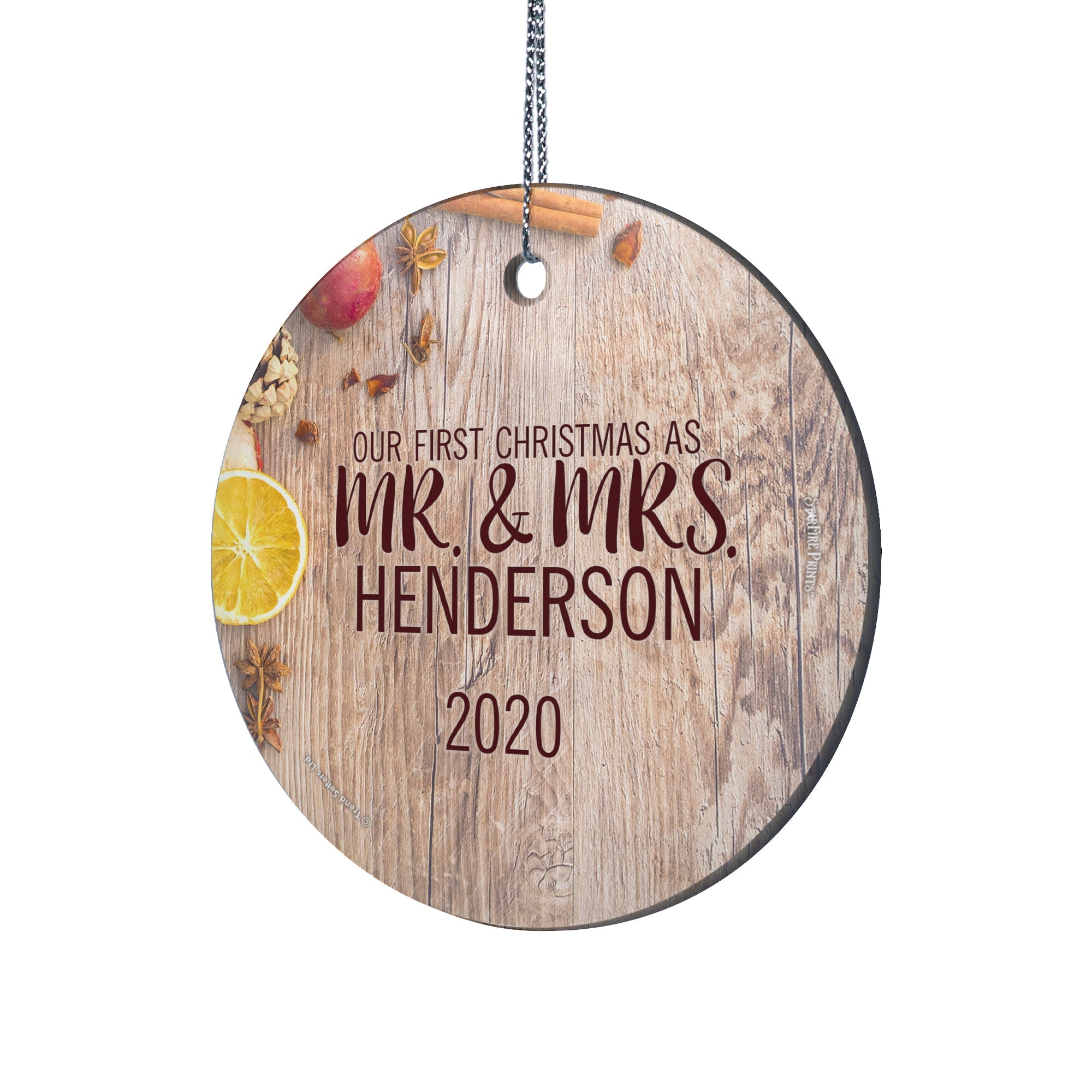 Christmas Collection (Our First Christmas as Mr. and Mrs. Orange – Personalized) StarFire Prints™ Hanging Glass Print