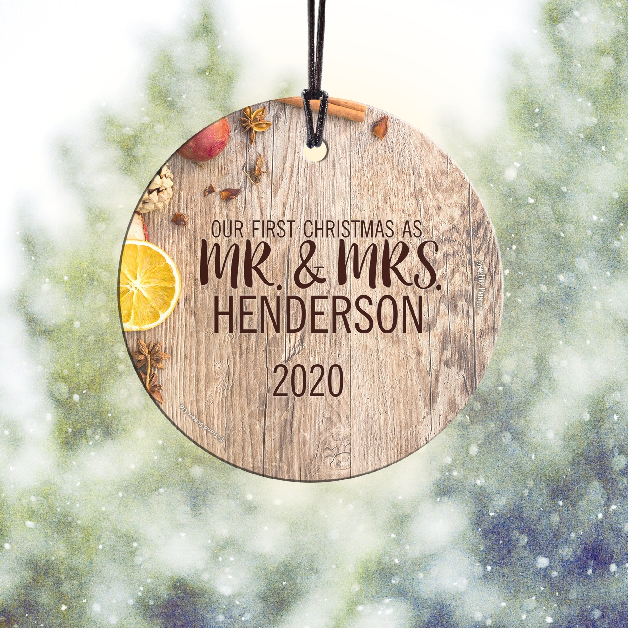 Christmas Collection (Our First Christmas as Mr. and Mrs. Orange – Personalized) StarFire Prints™ Hanging Glass Print