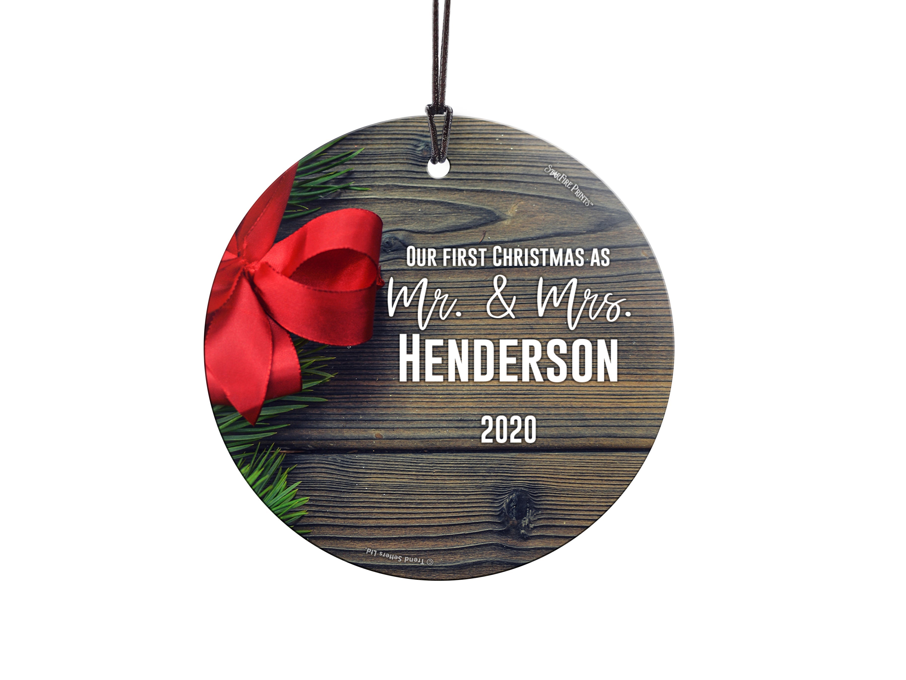 Christmas Collection (Our First Christmas as Mr. and Mrs. Bow – Personalized) StarFire Prints™ Hanging Glass Print