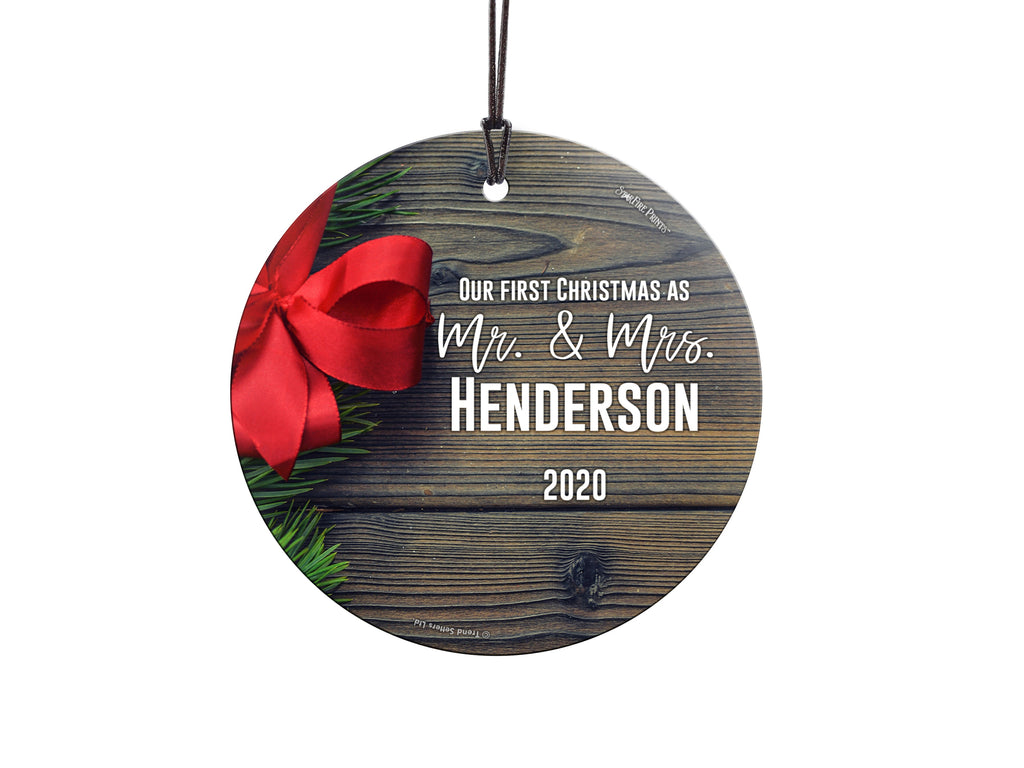 Christmas Collection (Our First Christmas as Mr. and Mrs. Bow – Personalized) StarFire Prints™ Hanging Glass Print