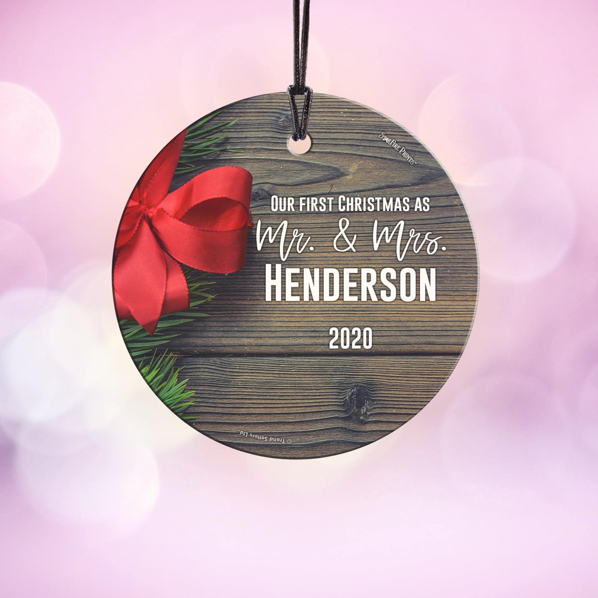 Christmas Collection (Our First Christmas as Mr. and Mrs. Bow – Personalized) StarFire Prints™ Hanging Glass Print