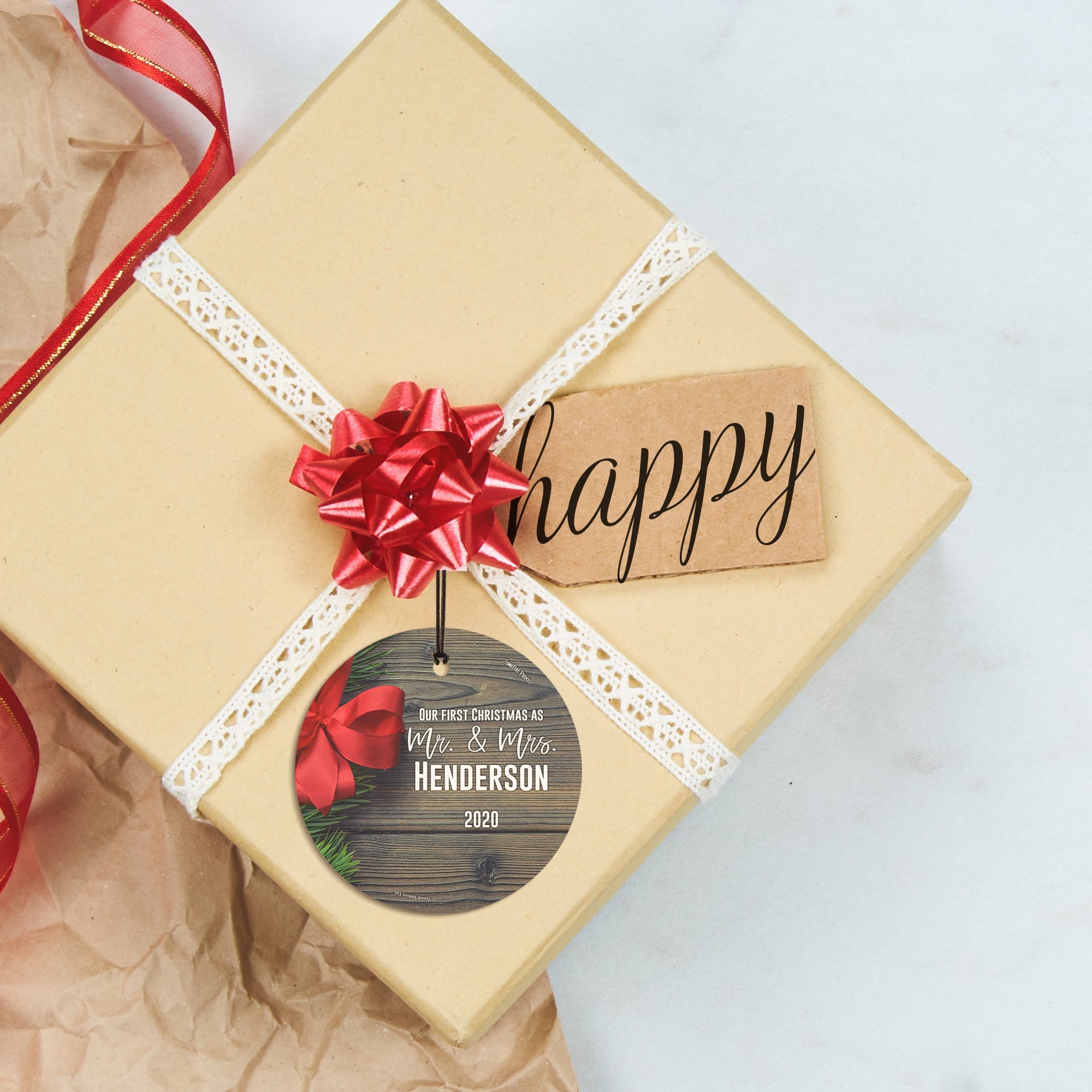 Christmas Collection (Our First Christmas as Mr. and Mrs. Bow – Personalized) StarFire Prints™ Hanging Glass Print