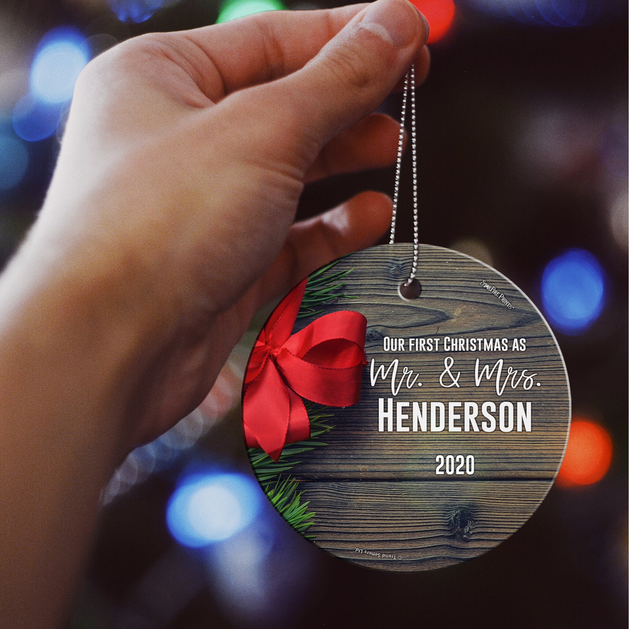 Christmas Collection (Our First Christmas as Mr. and Mrs. Bow – Personalized) StarFire Prints™ Hanging Glass Print