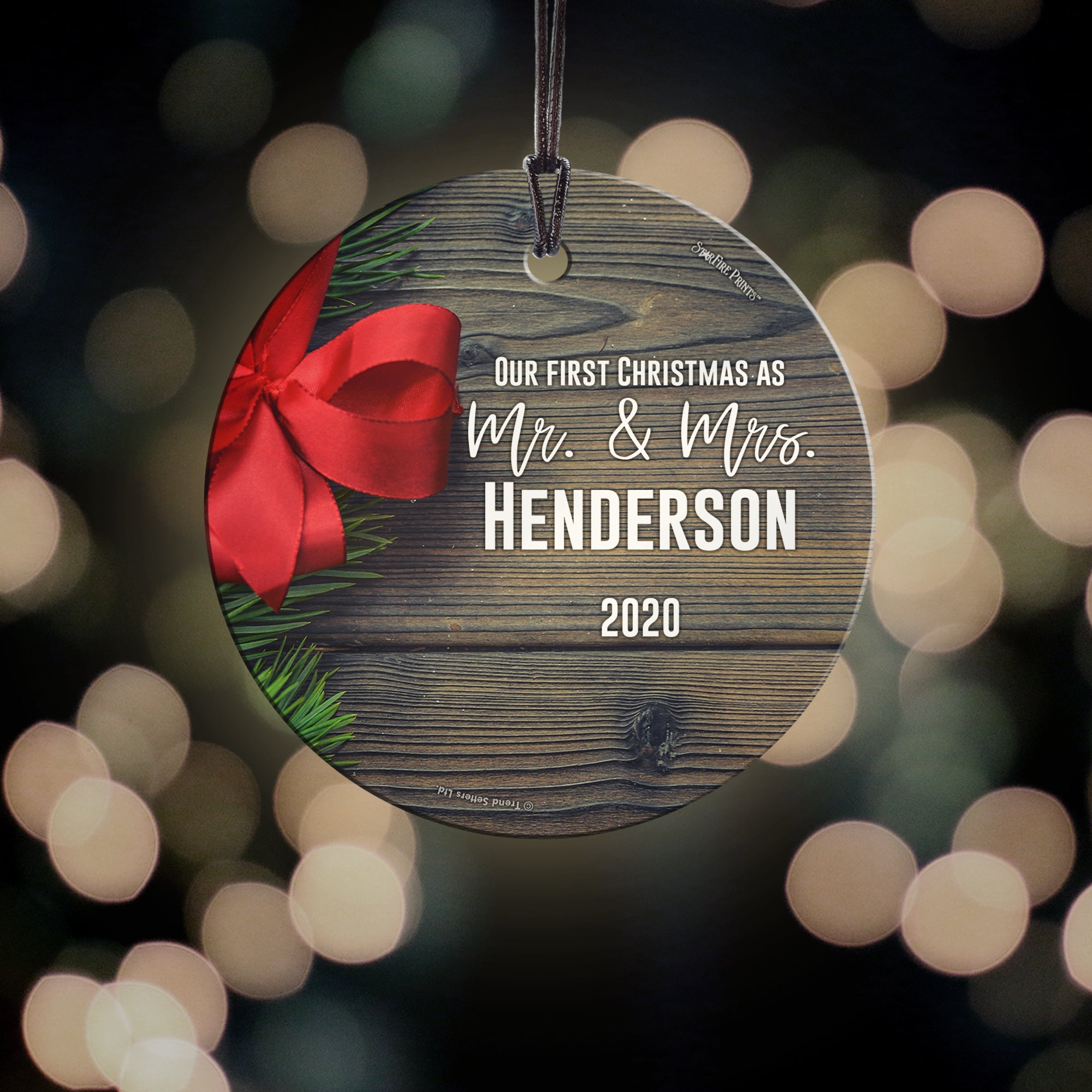 Christmas Collection (Our First Christmas as Mr. and Mrs. Bow – Personalized) StarFire Prints™ Hanging Glass Print