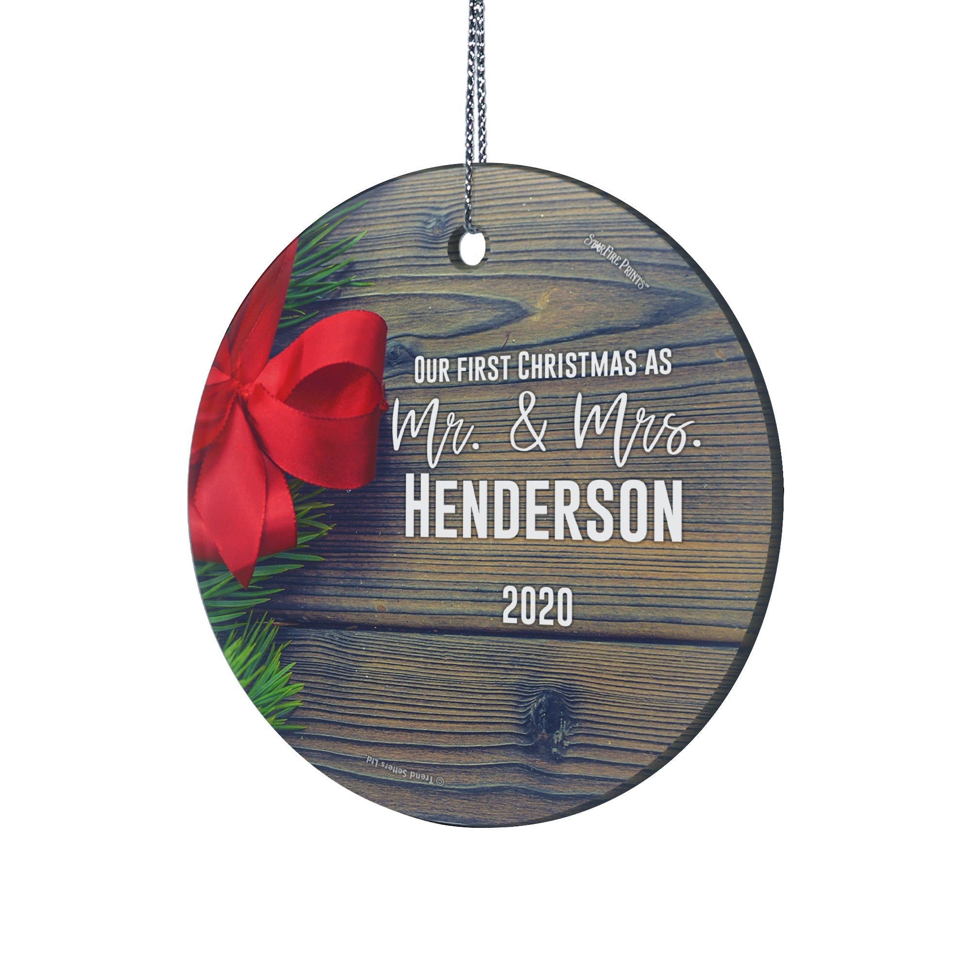 Christmas Collection (Our First Christmas as Mr. and Mrs. Bow – Personalized) StarFire Prints™ Hanging Glass Print