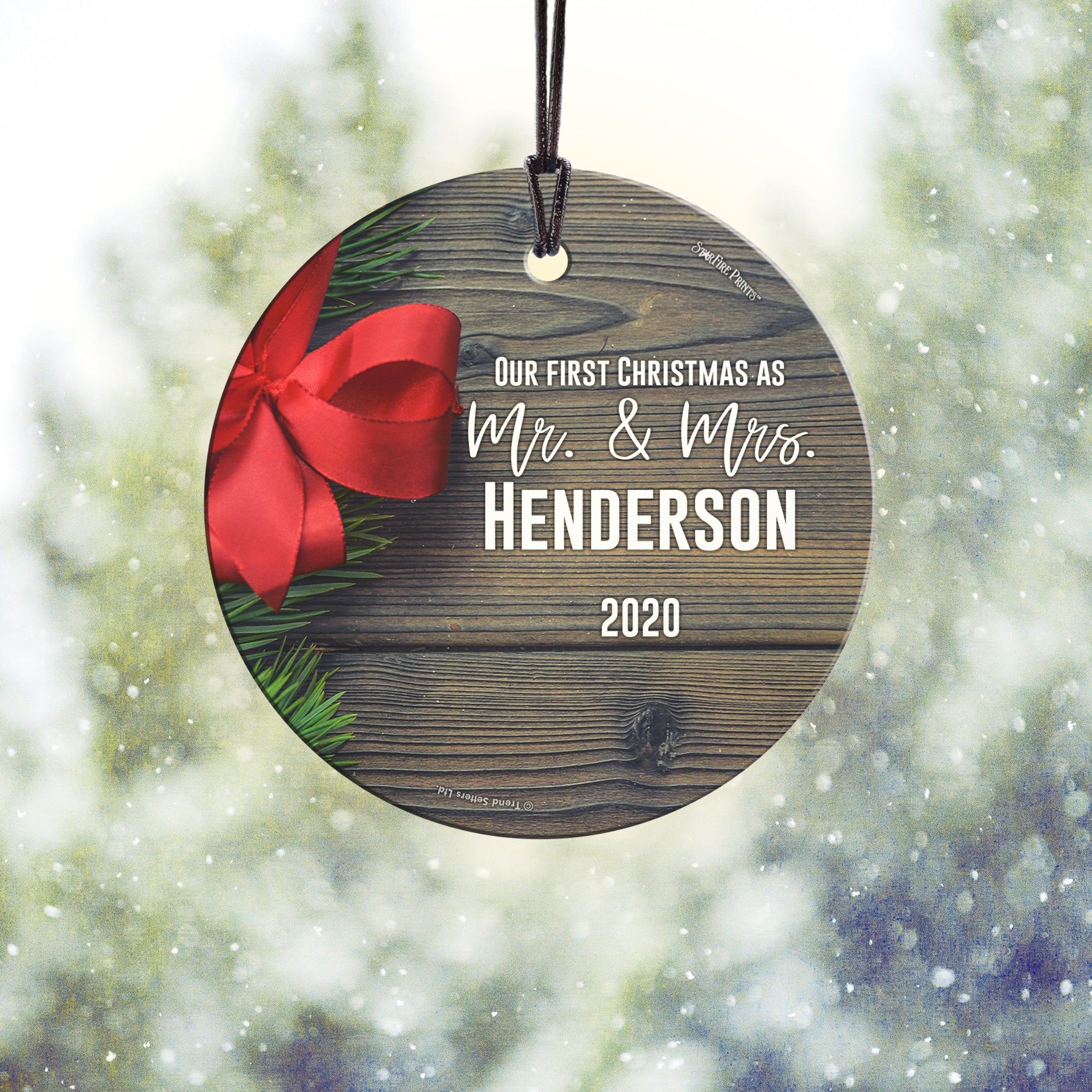 Christmas Collection (Our First Christmas as Mr. and Mrs. Bow – Personalized) StarFire Prints™ Hanging Glass Print