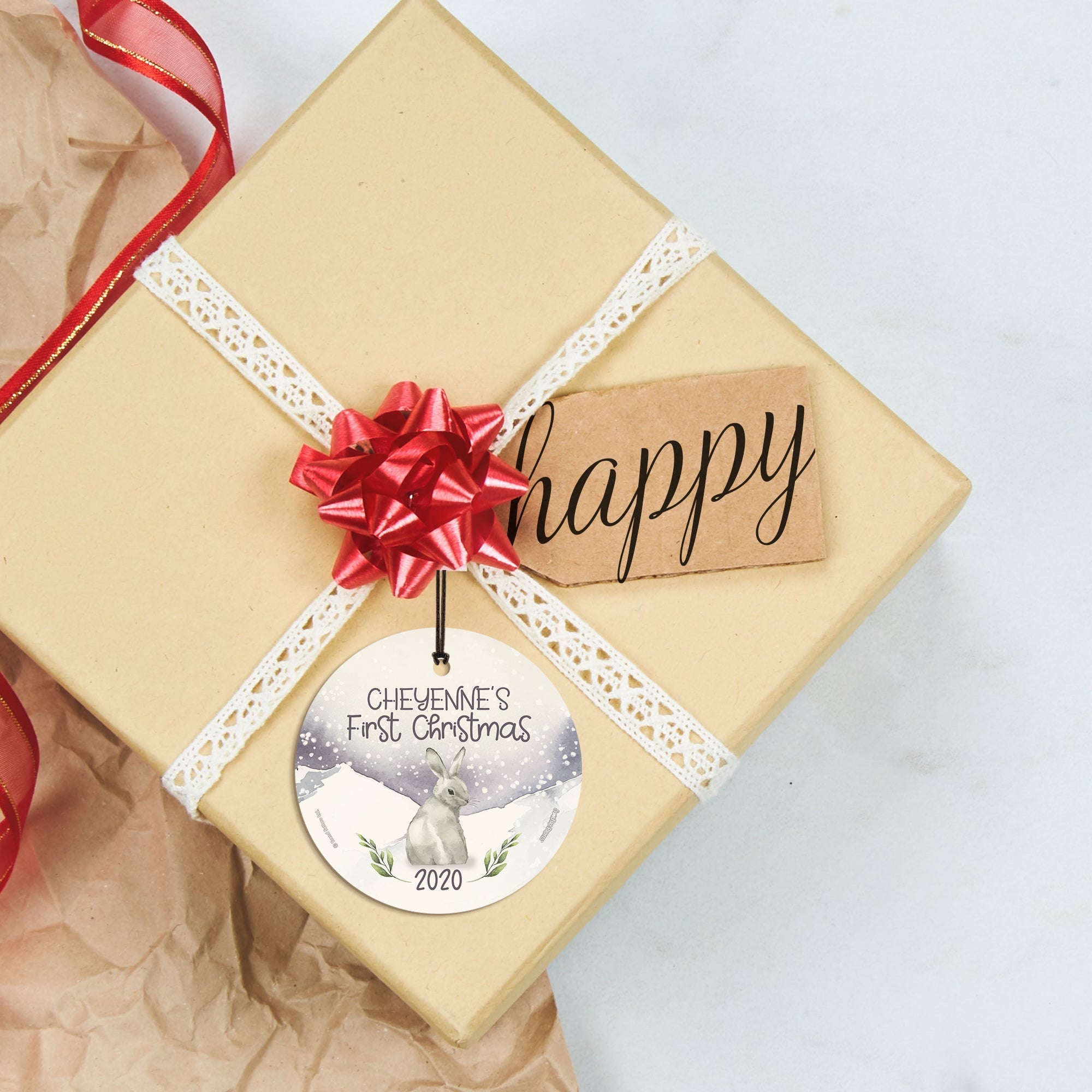 Christmas Collection (Baby’s First Christmas Bunny – Personalized) StarFire Prints Hanging Glass Print