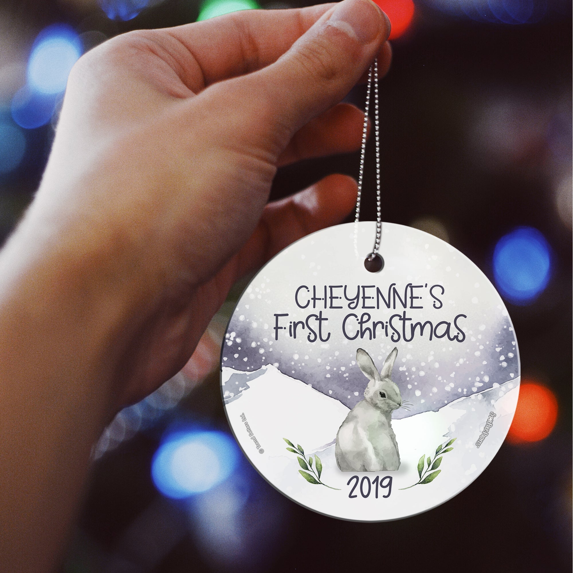 Christmas Collection (Baby’s First Christmas Bunny – Personalized) StarFire Prints Hanging Glass Print