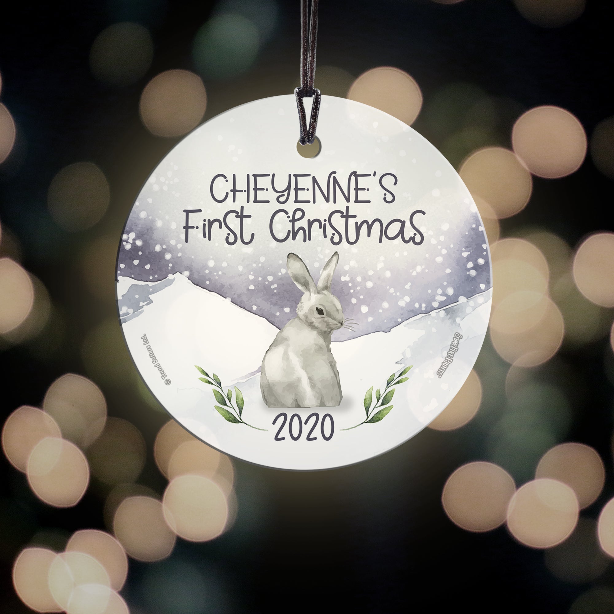 Christmas Collection (Baby’s First Christmas Bunny – Personalized) StarFire Prints Hanging Glass Print