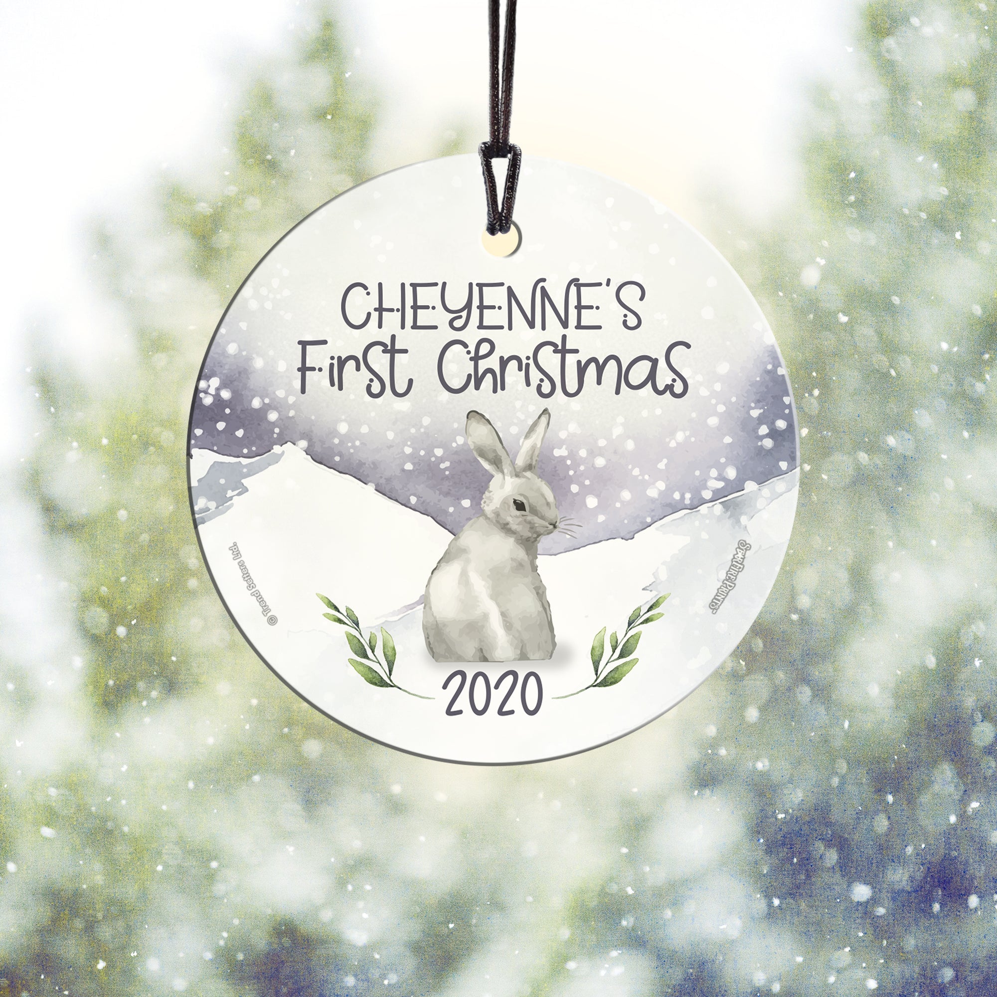 Christmas Collection (Baby’s First Christmas Bunny – Personalized) StarFire Prints Hanging Glass Print