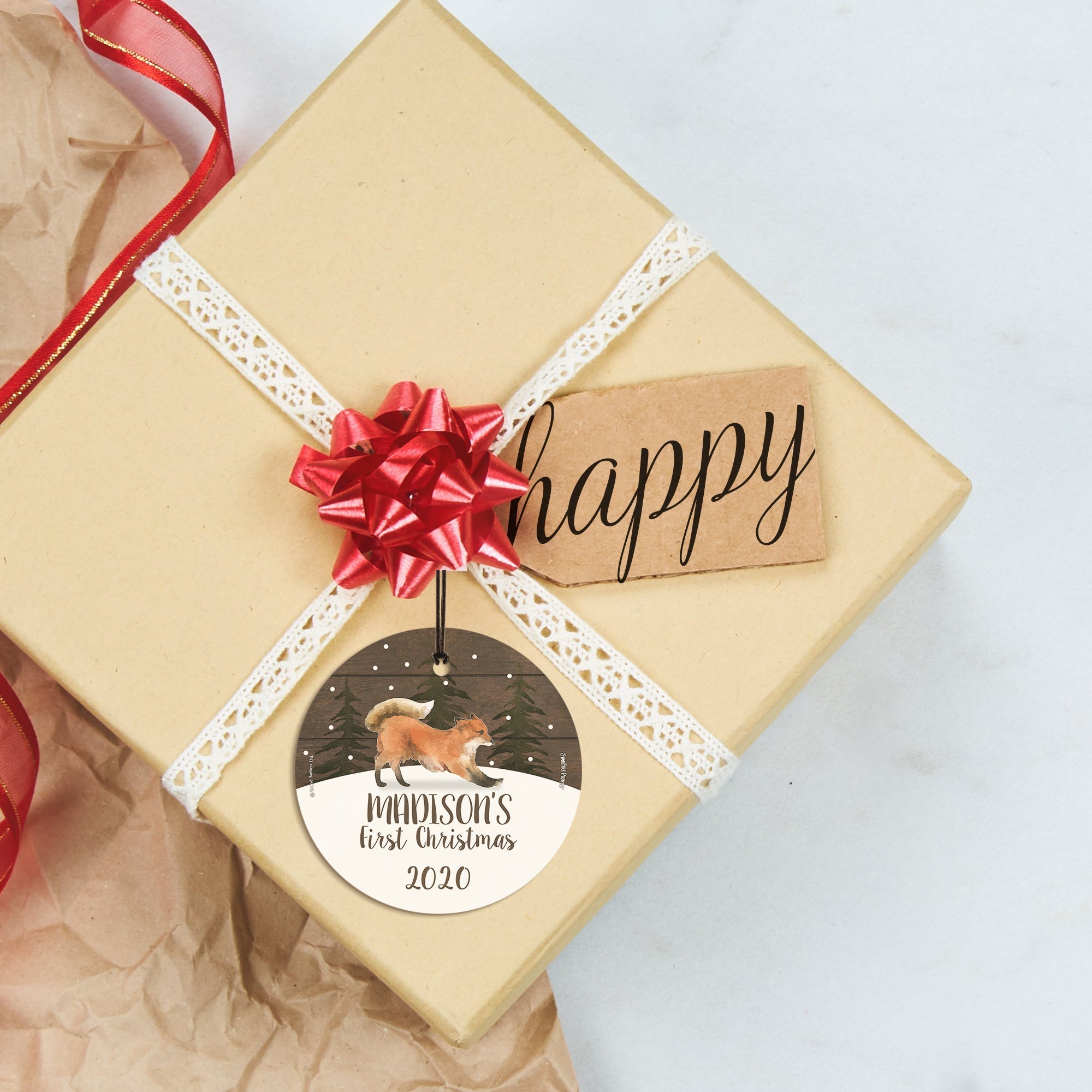 Christmas Collection (Baby’s First Christmas Fox – Personalized) StarFire Prints Hanging Glass Print