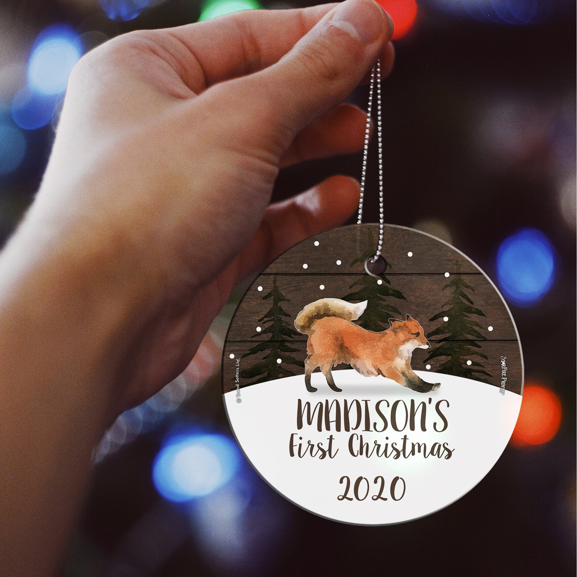 Christmas Collection (Baby’s First Christmas Fox – Personalized) StarFire Prints Hanging Glass Print