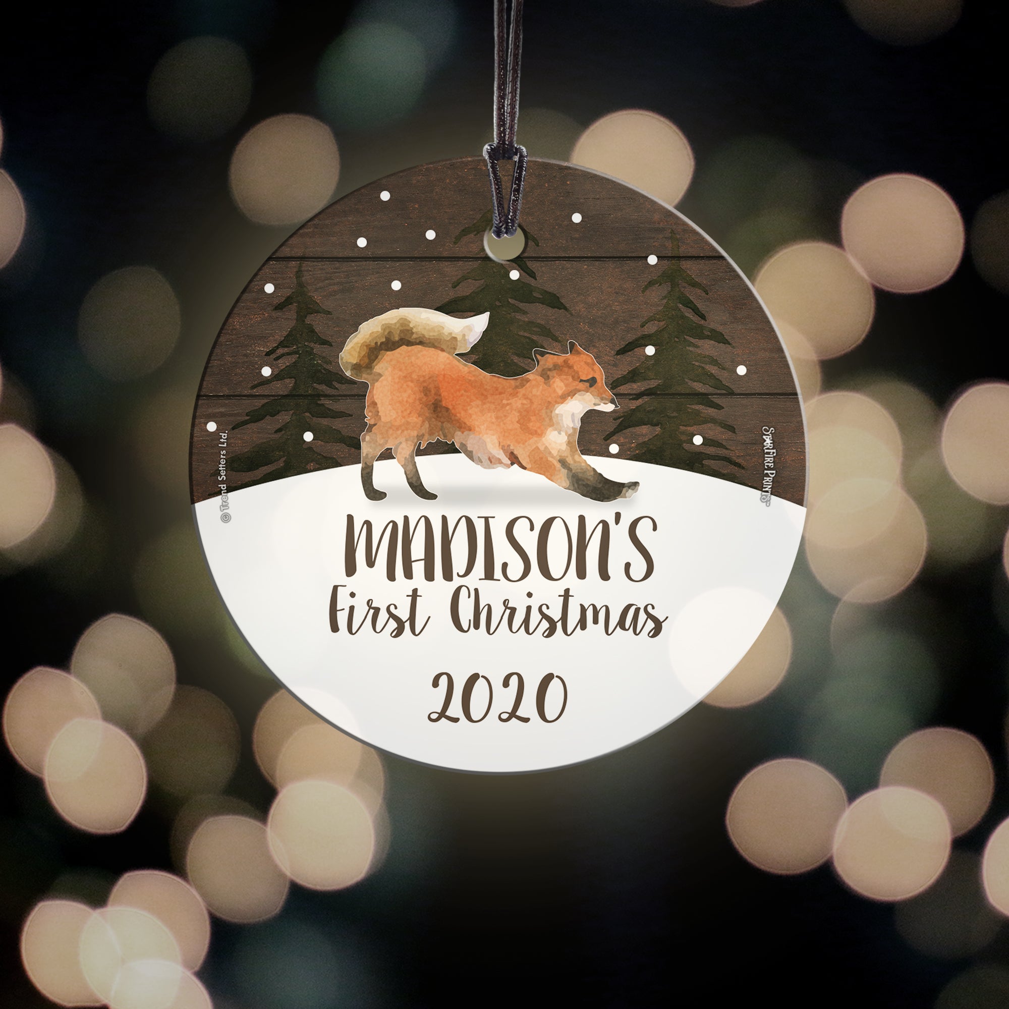 Christmas Collection (Baby’s First Christmas Fox – Personalized) StarFire Prints Hanging Glass Print