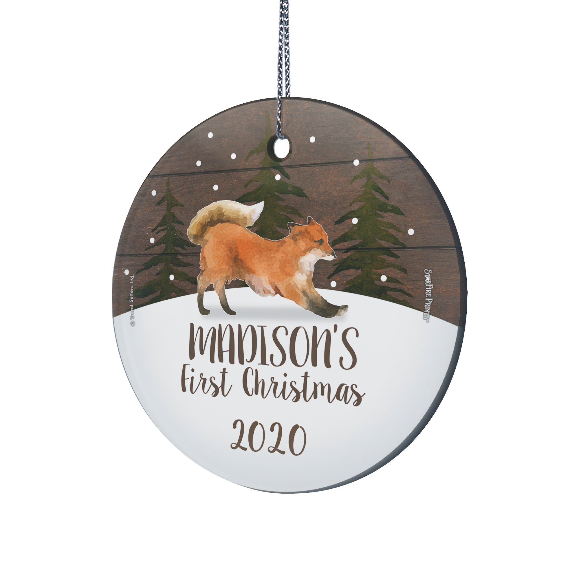 Christmas Collection (Baby’s First Christmas Fox – Personalized) StarFire Prints Hanging Glass Print