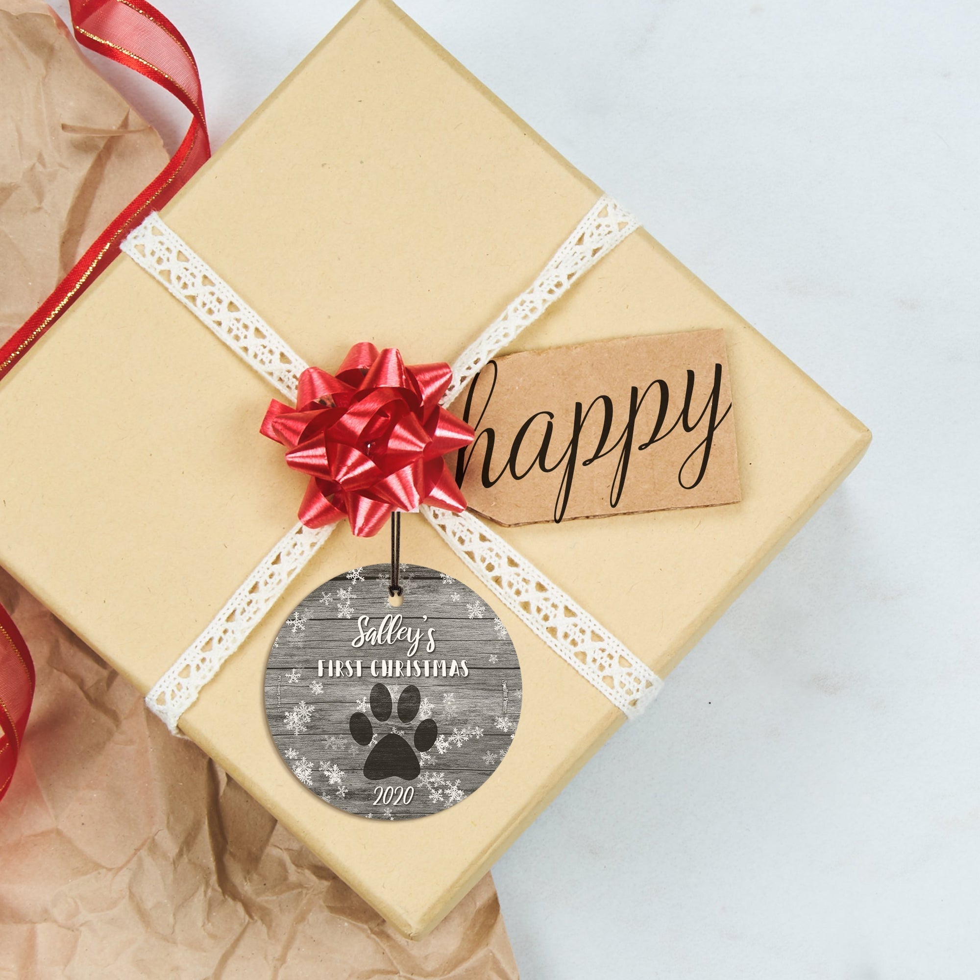 Christmas Collection (Dog’s First Christmas – Personalize with Name) StarFire Prints™ Hanging Glass Print