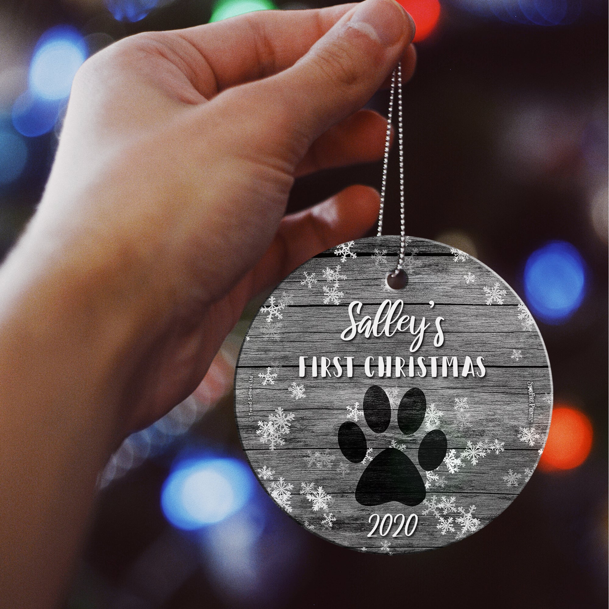 Christmas Collection (Dog’s First Christmas – Personalize with Name) StarFire Prints™ Hanging Glass Print