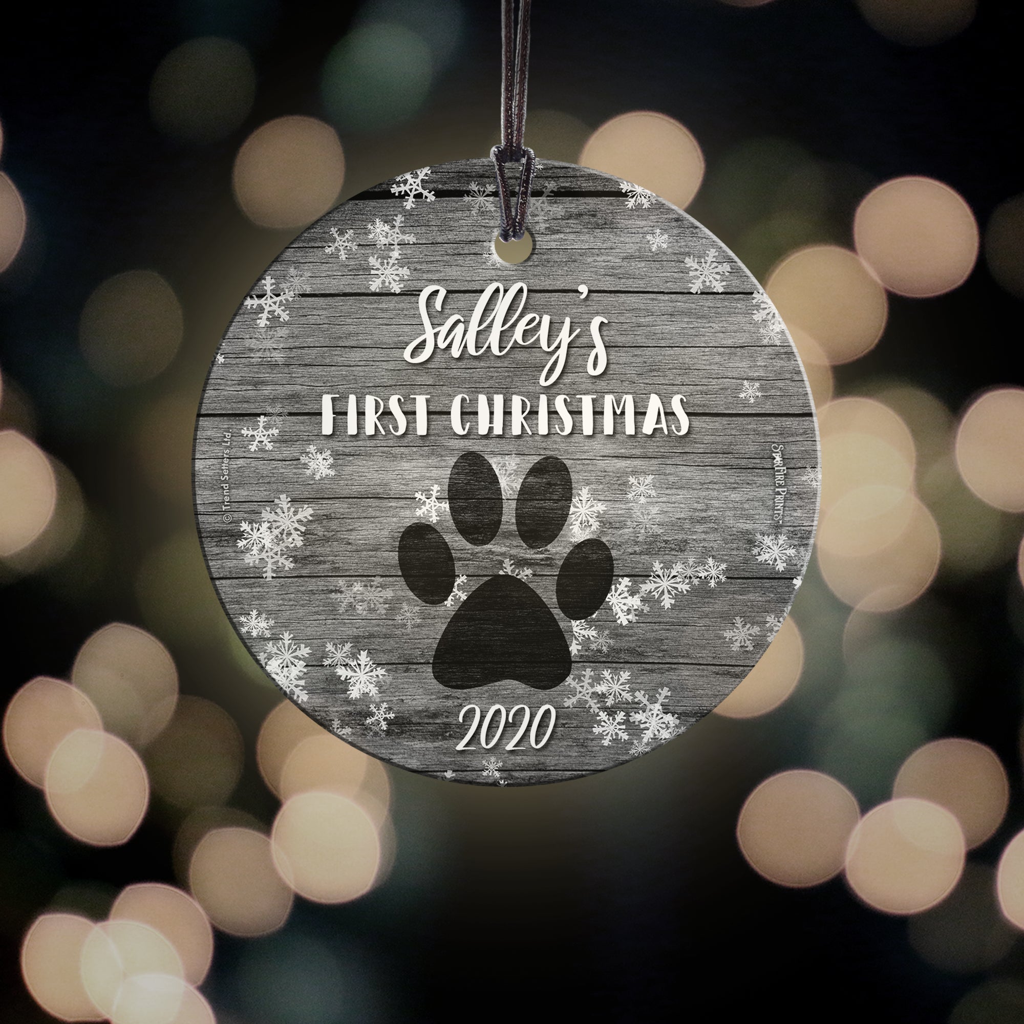 Christmas Collection (Dog’s First Christmas – Personalize with Name) StarFire Prints™ Hanging Glass Print