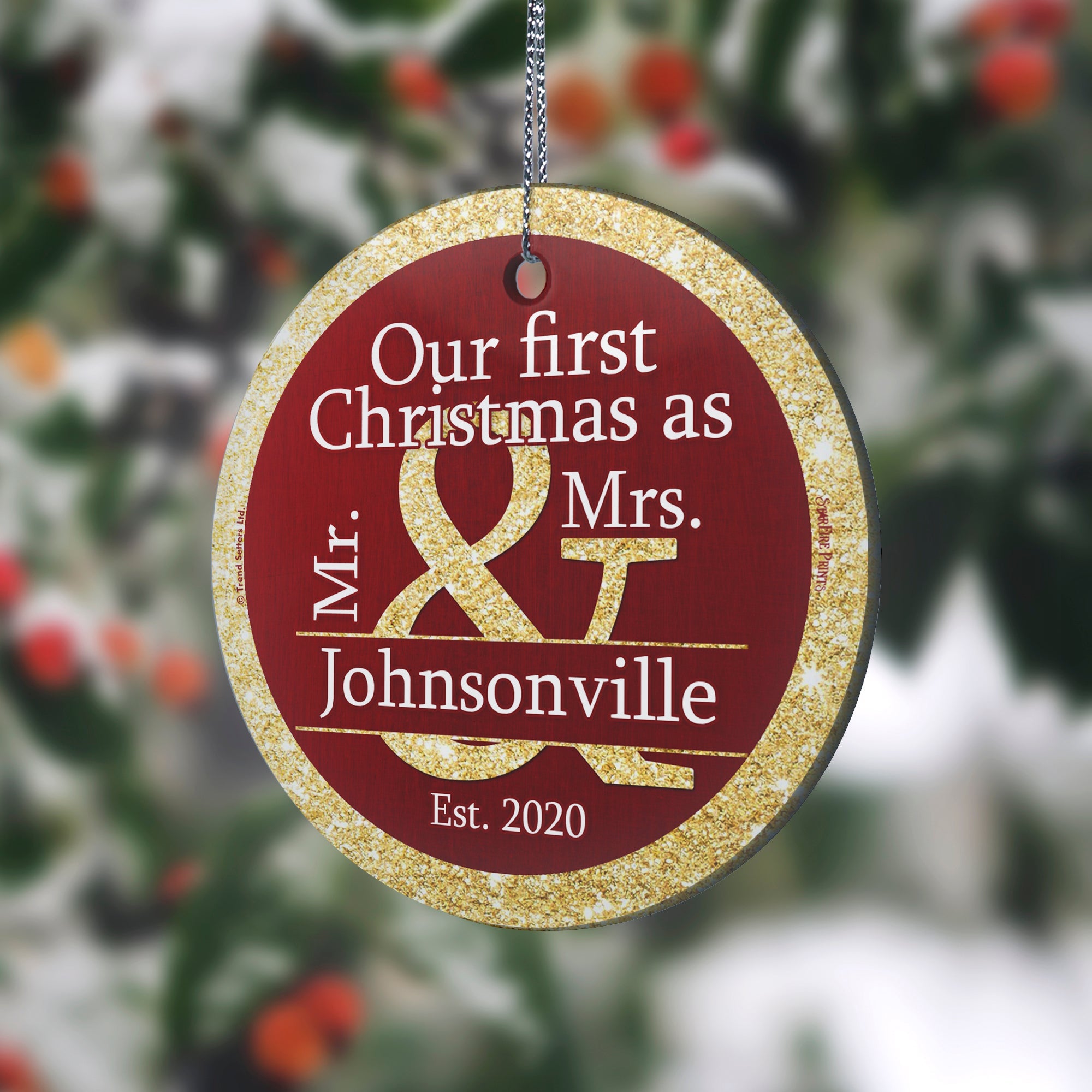Christmas Collection (Our First - Maroon Personalized) StarFire Prints Hanging Glass Print SPCIR584