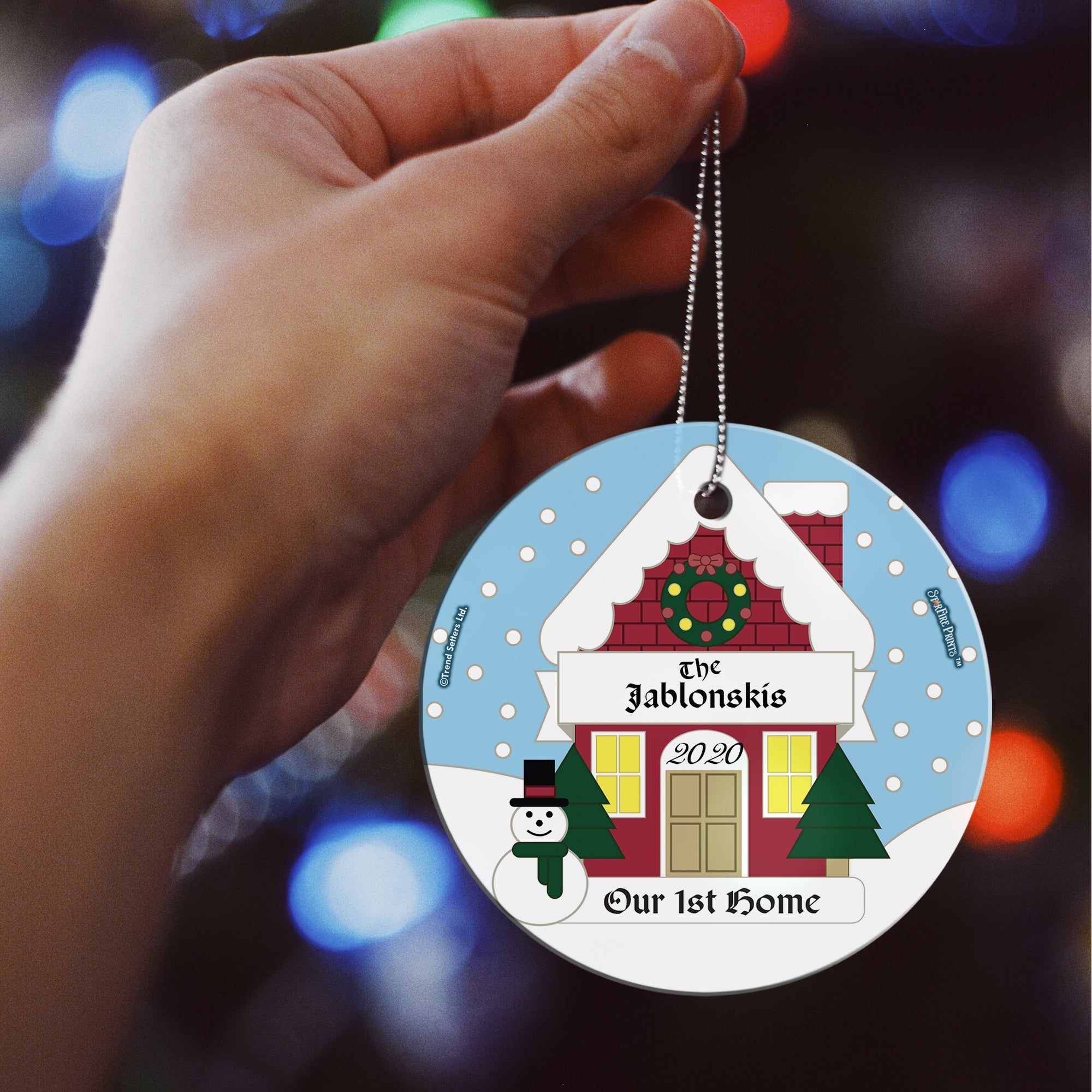 First Home Collection (Christmas Snowman House - Personalized) StarFire Prints Hanging Glass Print SPCIR695