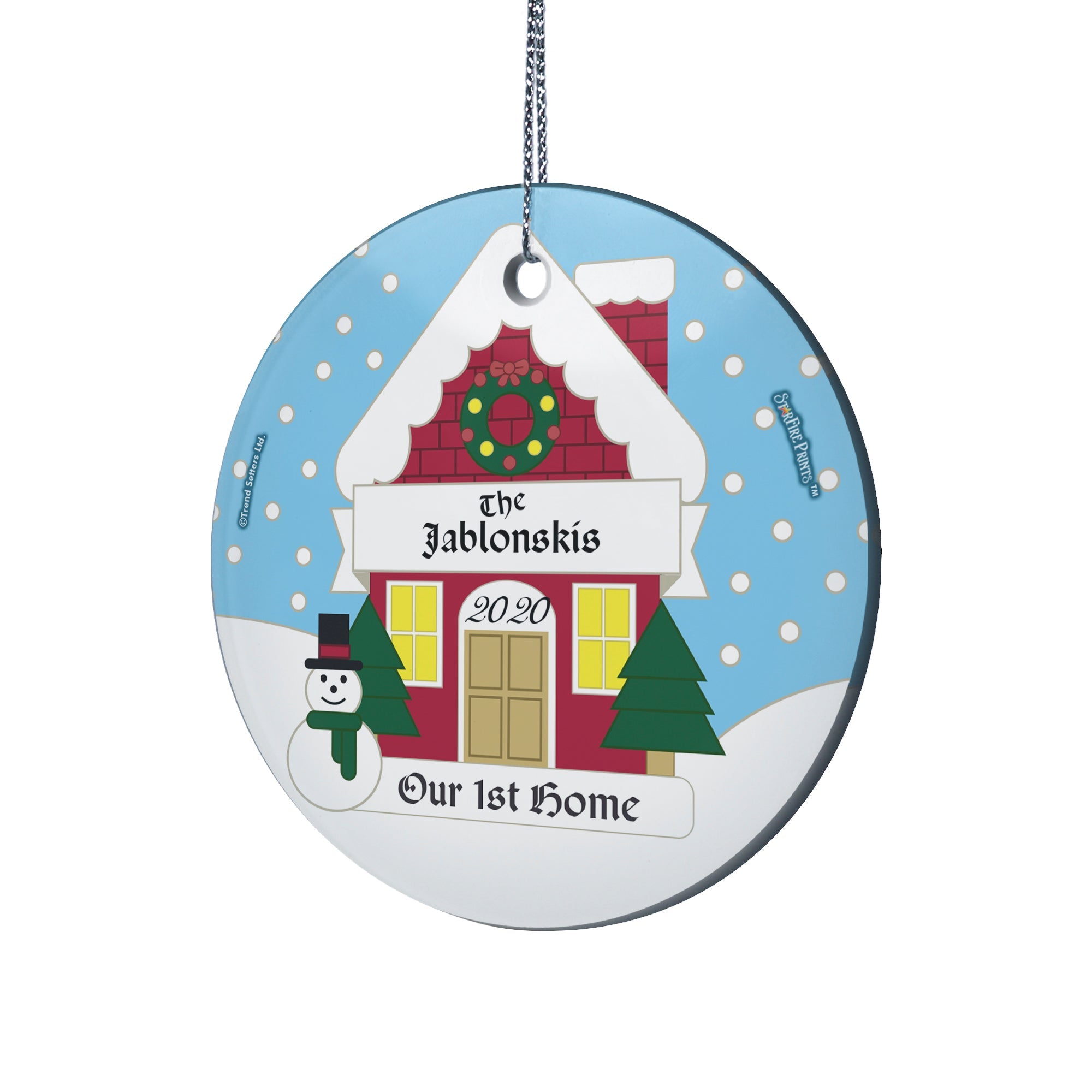 First Home Collection (Christmas Snowman House - Personalized) StarFire Prints Hanging Glass Print SPCIR695