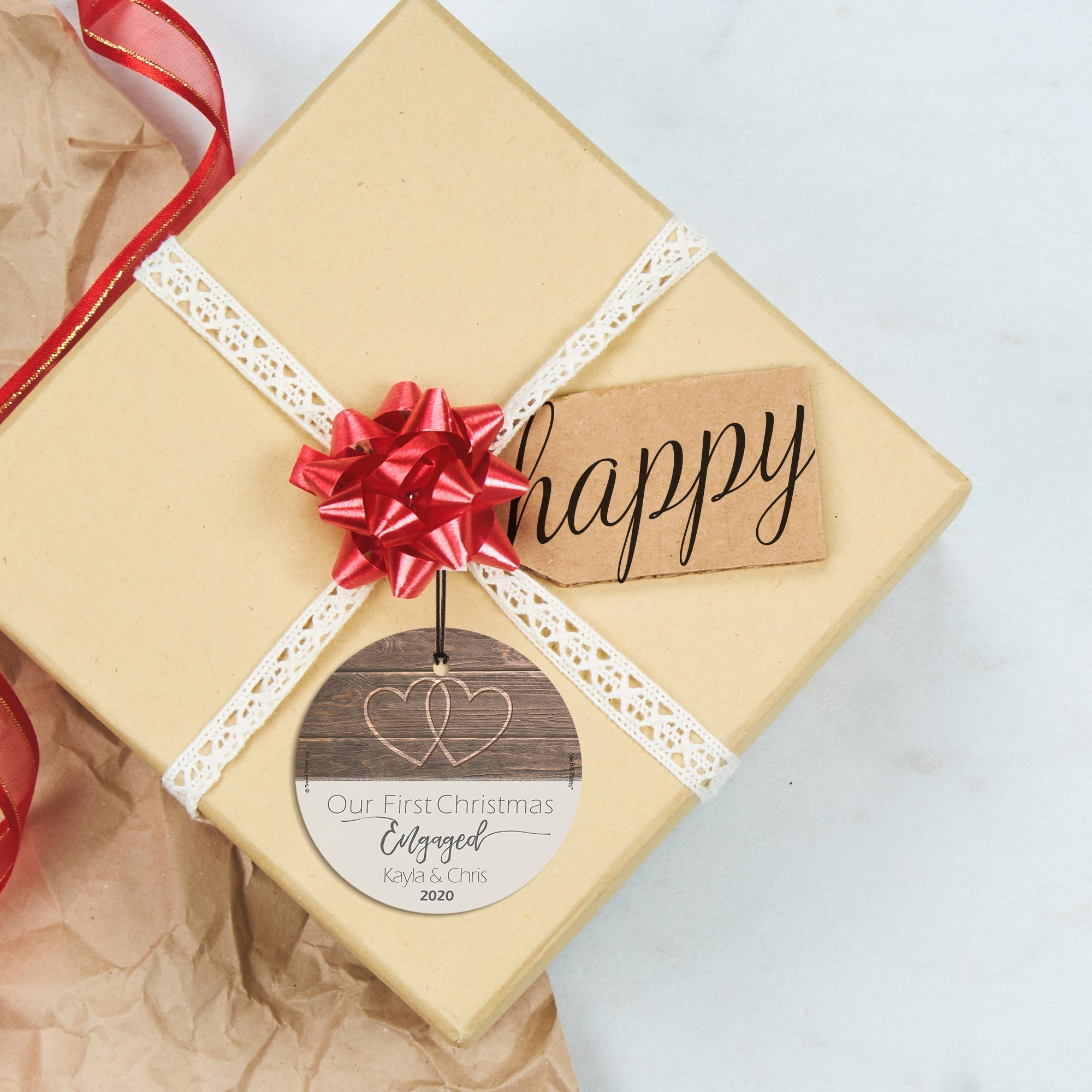 Christmas Collection (First Christmas Engaged - Personalize with Name) StarFire Prints™ Hanging Glass Print