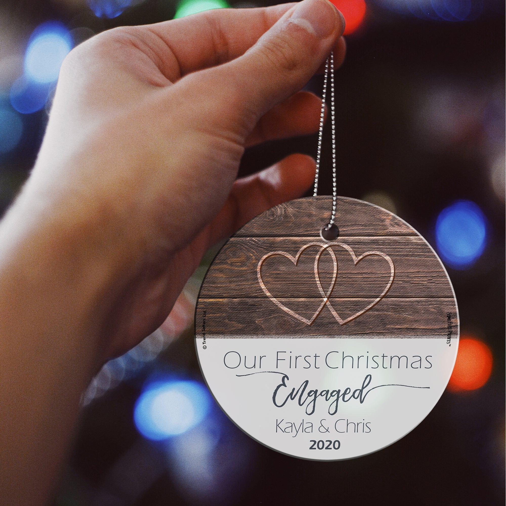 Christmas Collection (First Christmas Engaged - Personalize with Name) StarFire Prints™ Hanging Glass Print