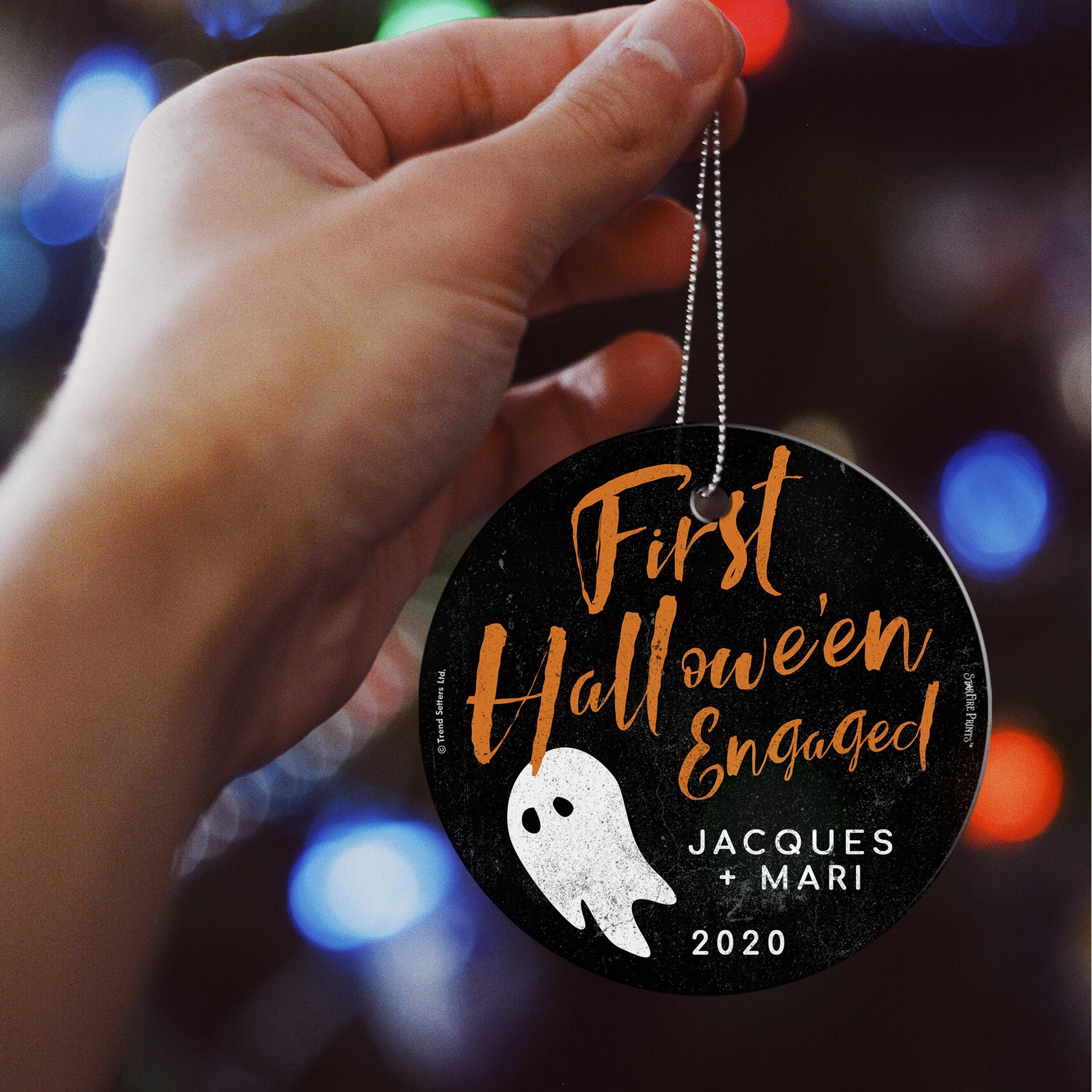 Halloween Collection (First Halloween Engaged Ghost - Personalize with Name) StarFire Prints™ Hanging Glass Print SPCIR916