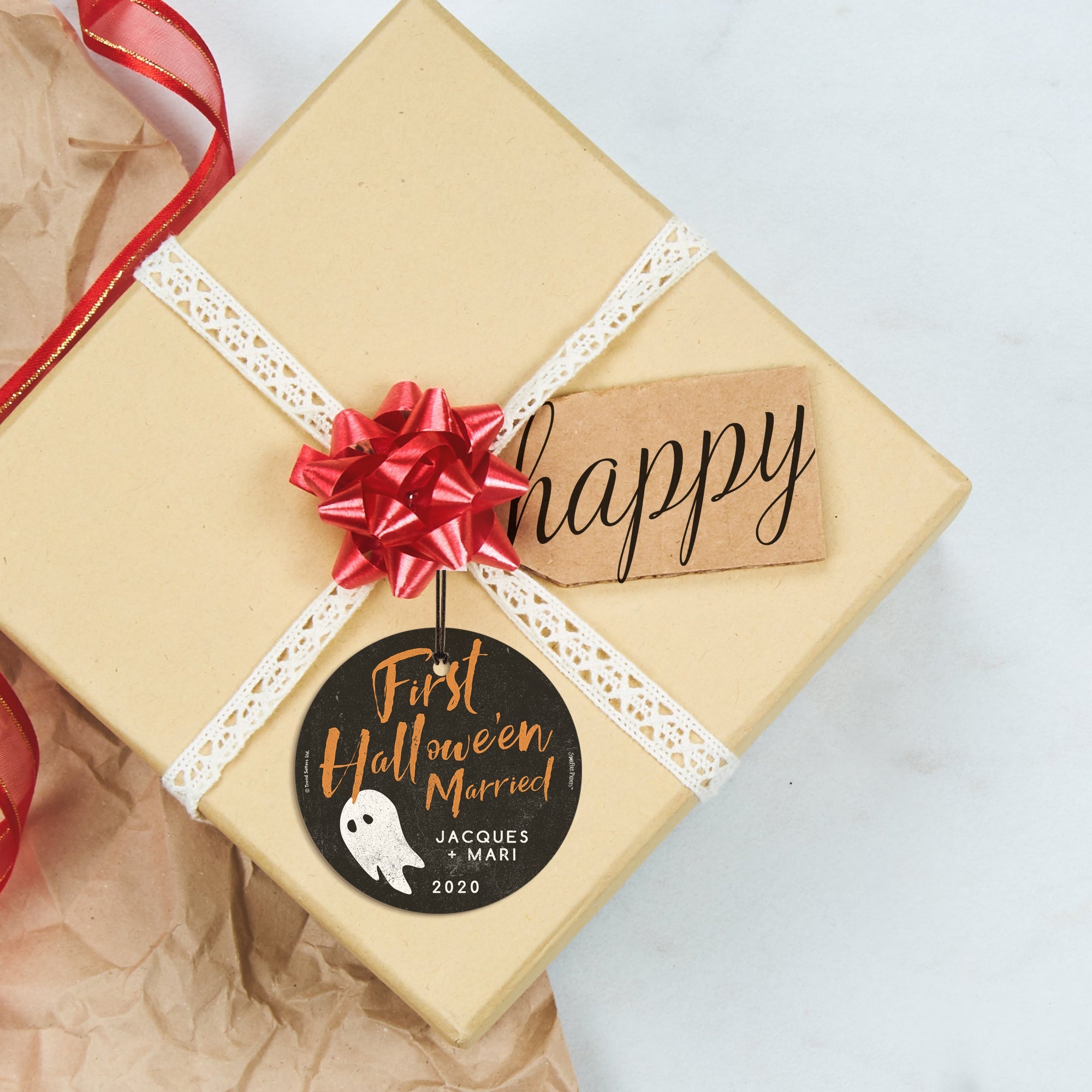 Halloween Collection (First Halloween Married Ghost - Personalize with Name) StarFire™ Prints Hanging Glass Print