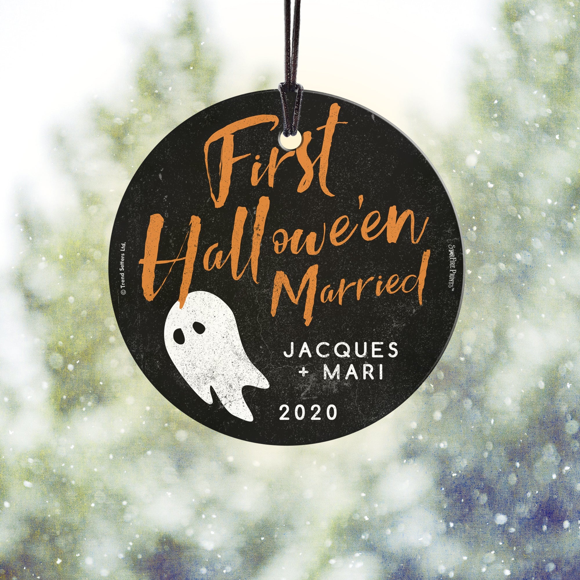 Halloween Collection (First Halloween Married Ghost - Personalize with Name) StarFire™ Prints Hanging Glass Print