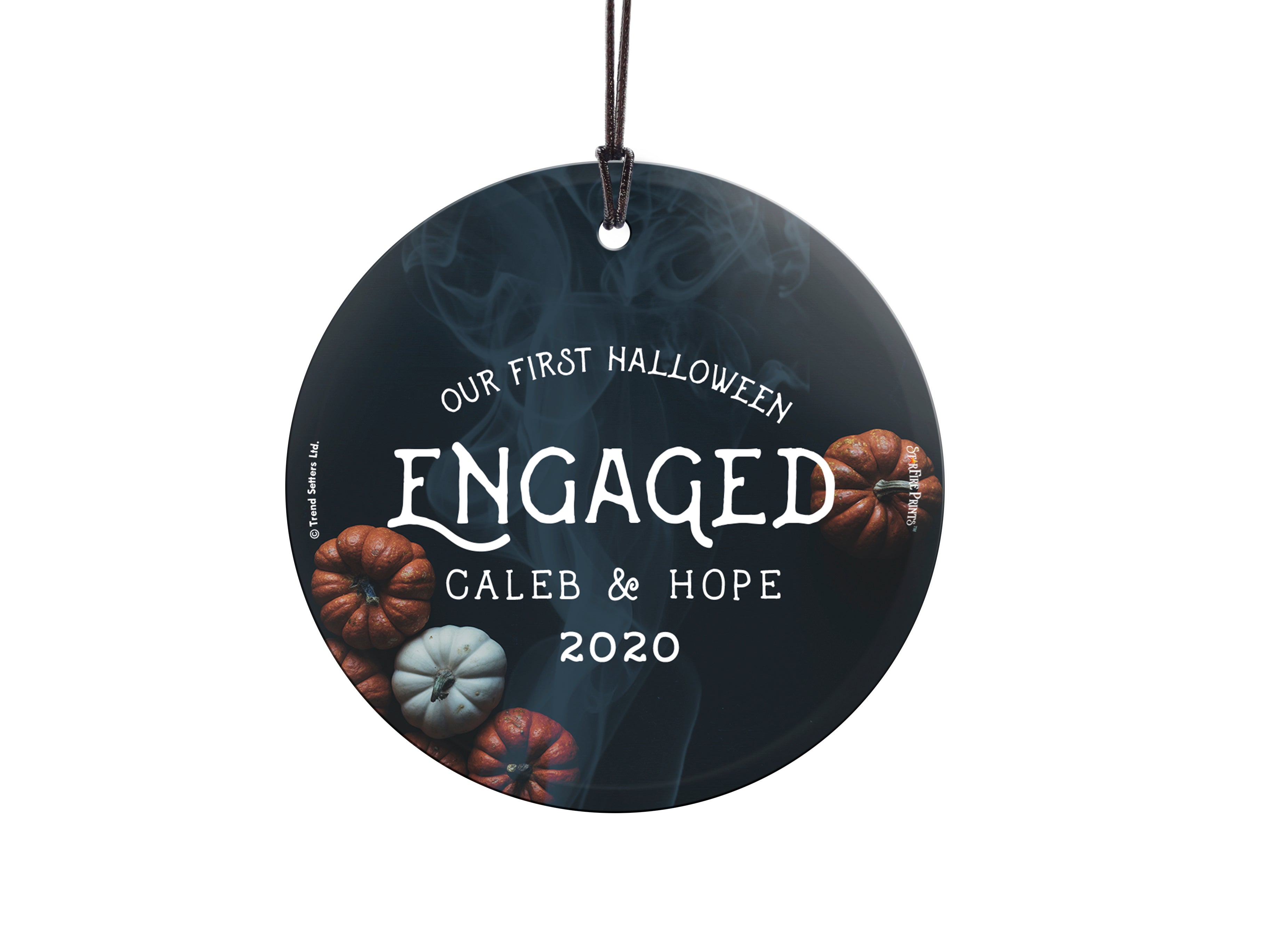 Halloween Collection (First Halloween Engaged Pumpkins Personalized) StarFire Prints Hanging Glass Print SPCIR935