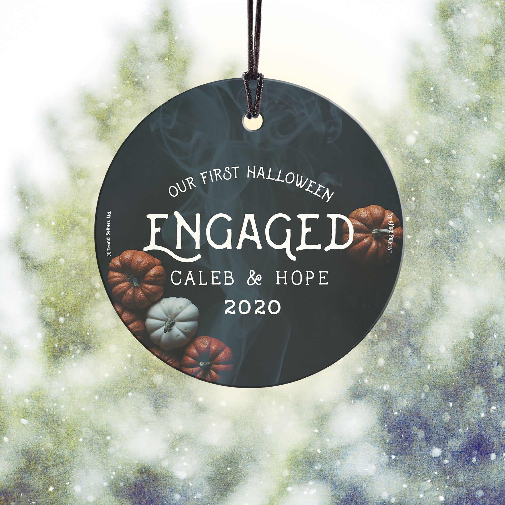 Halloween Collection (First Halloween Engaged Pumpkins Personalized) StarFire Prints Hanging Glass Print SPCIR935