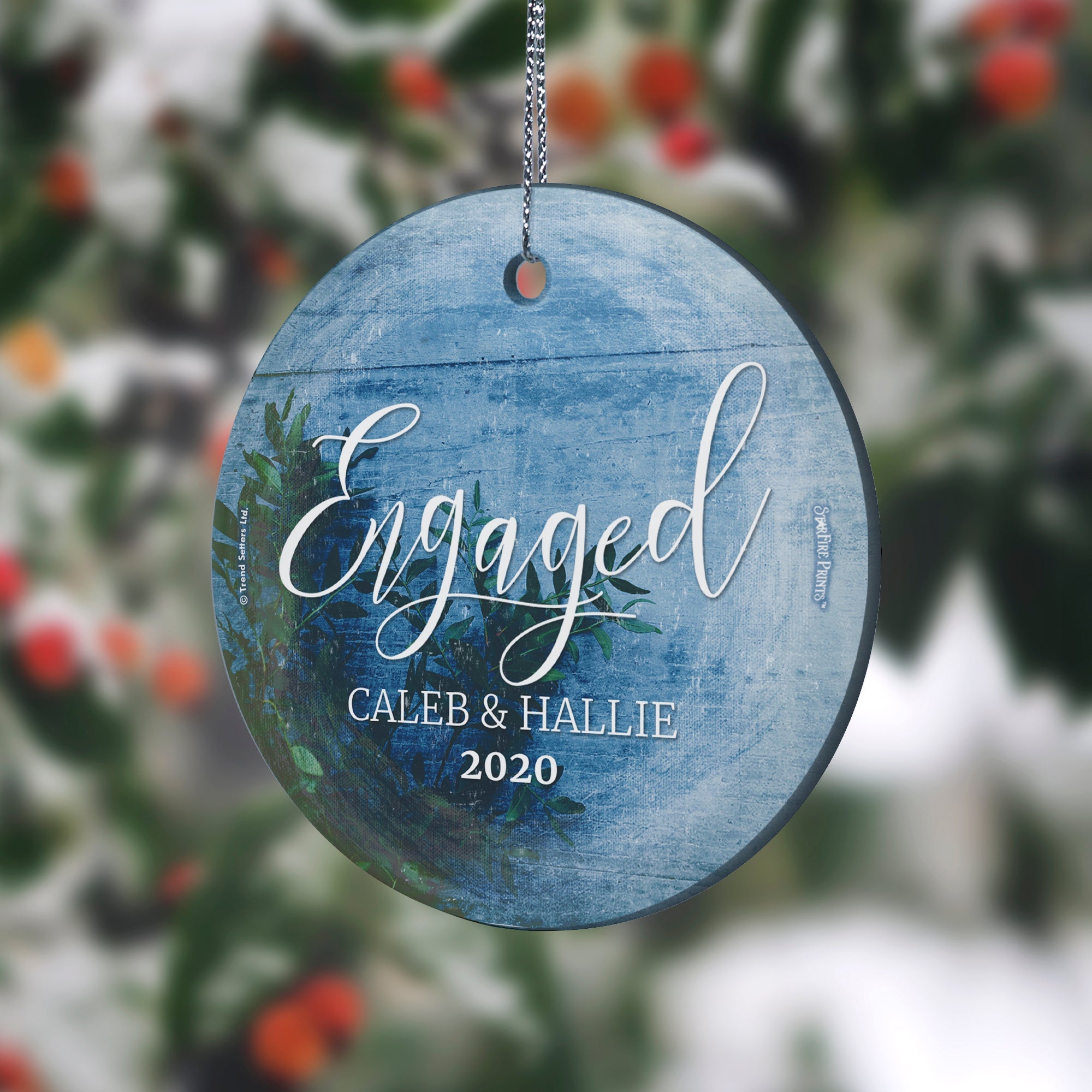 Engagement Collection (First Christmas Engaged Frosted Blue - Personalized) StarFire Prints Hanging Glass Print SPCIR941