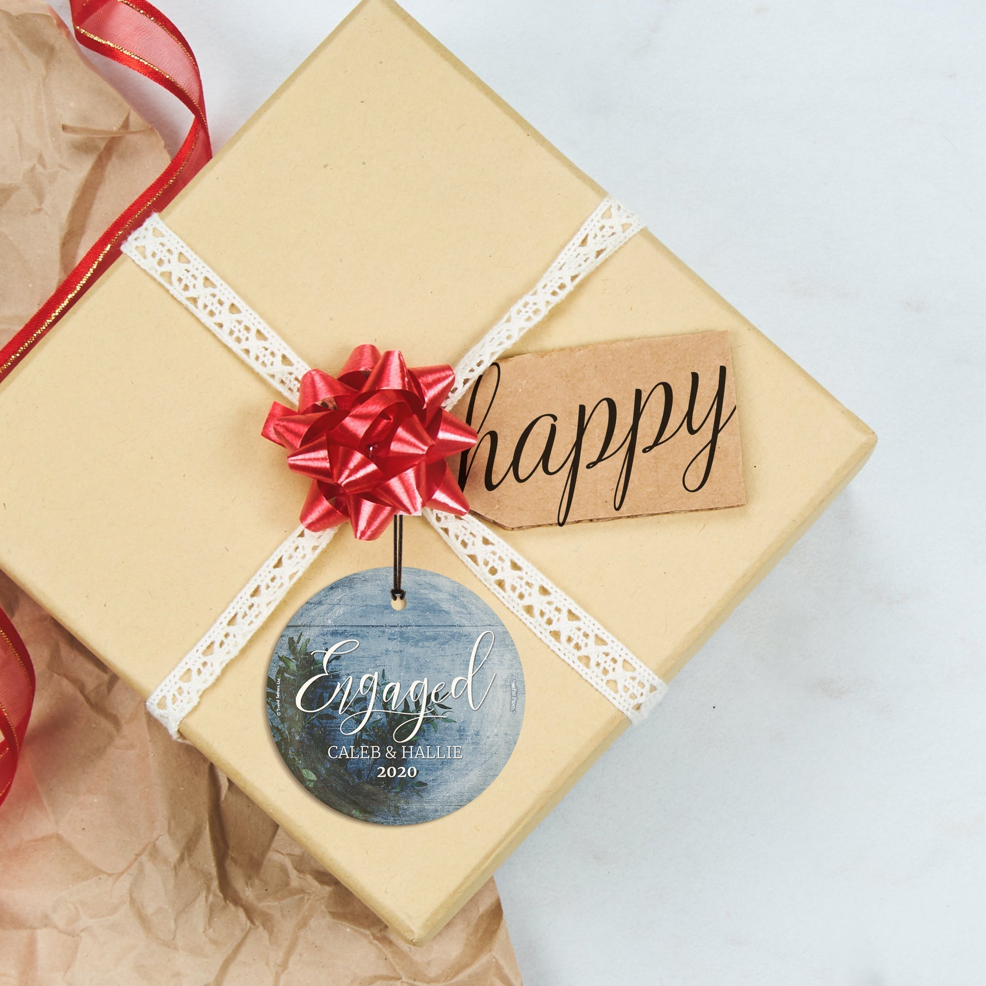 Engagement Collection (First Christmas Engaged Frosted Blue - Personalized) StarFire Prints Hanging Glass Print SPCIR941