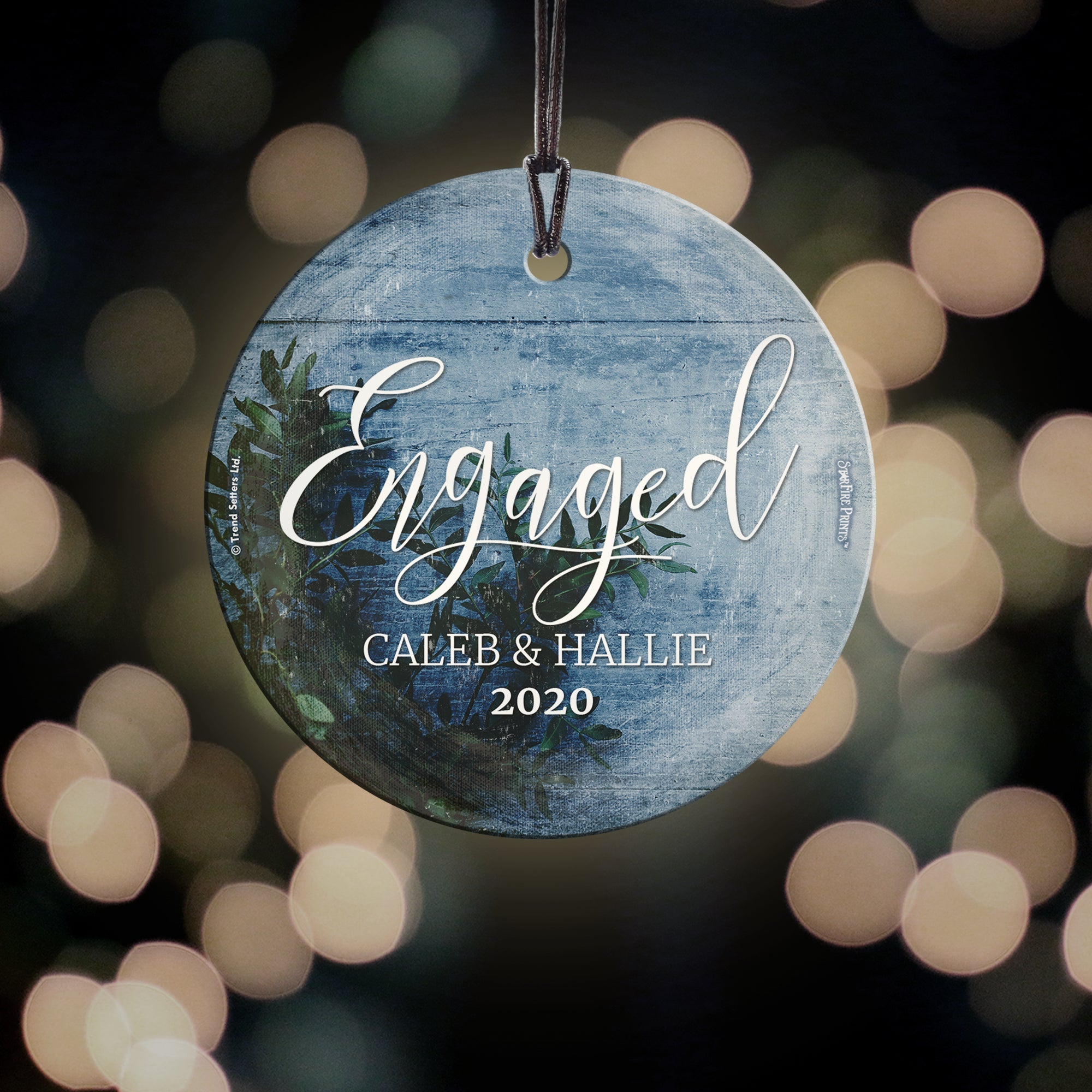 Engagement Collection (First Christmas Engaged Frosted Blue - Personalized) StarFire Prints Hanging Glass Print SPCIR941