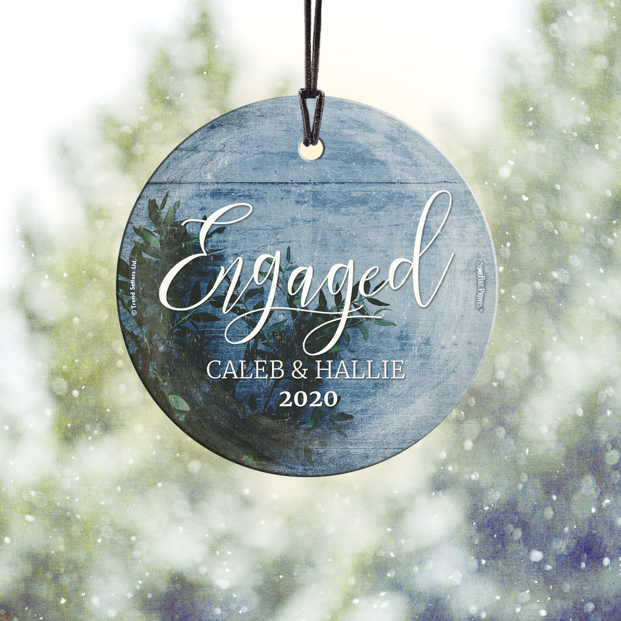 Engagement Collection (First Christmas Engaged Frosted Blue - Personalized) StarFire Prints Hanging Glass Print SPCIR941