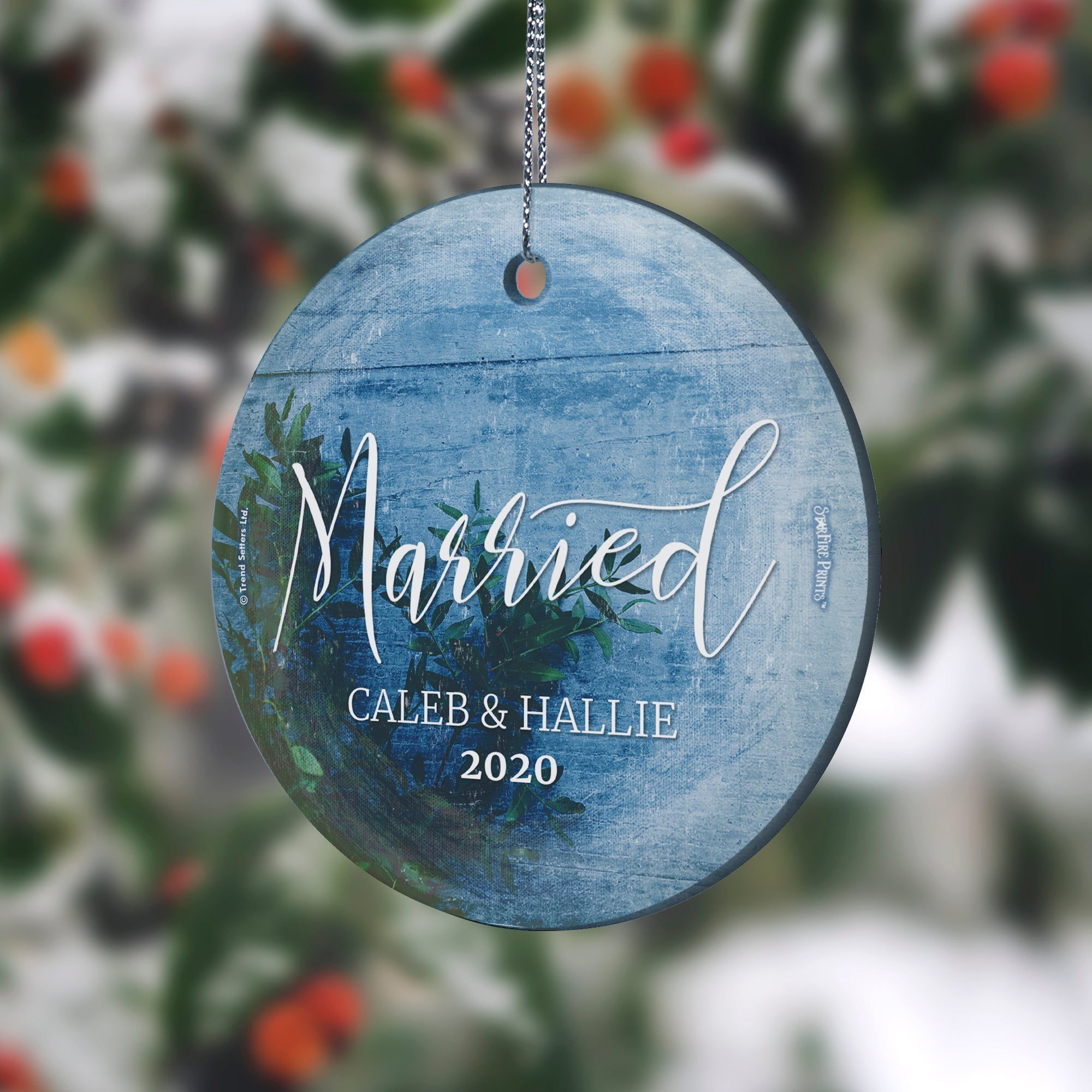 Wedding Collection (First Christmas Married Frosted Blue - Personalized) StarFire Prints Hanging Glass Print SPCIR942