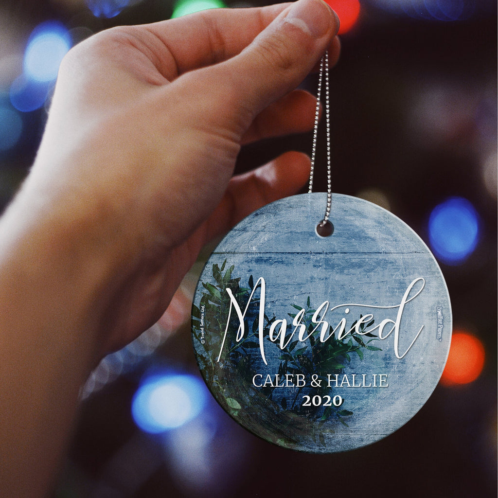 Wedding Collection (First Christmas Married Frosted Blue - Personalized) StarFire Prints Hanging Glass Print SPCIR942