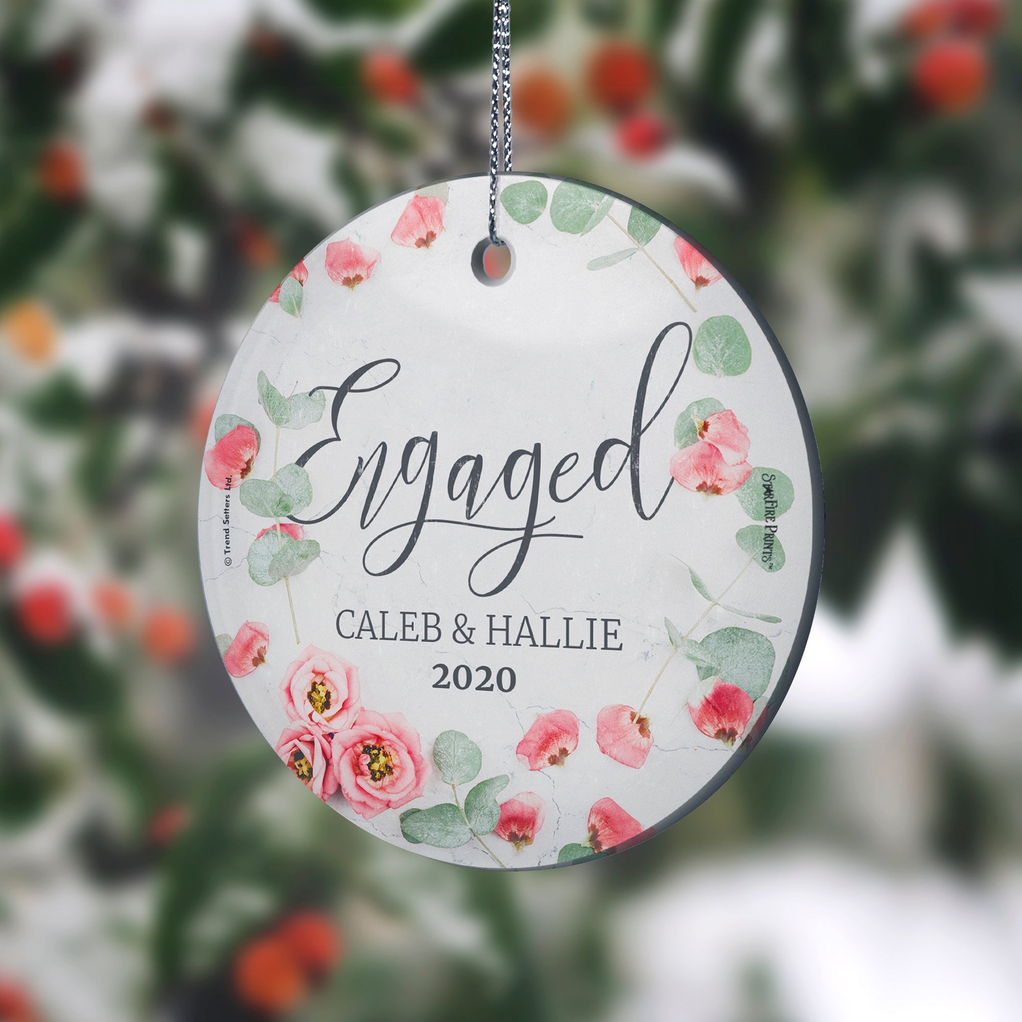 Engagement Collection (First Christmas Engaged Pink Flowers - Personalized) StarFire Prints™ Hanging Glass Print SPCIR946