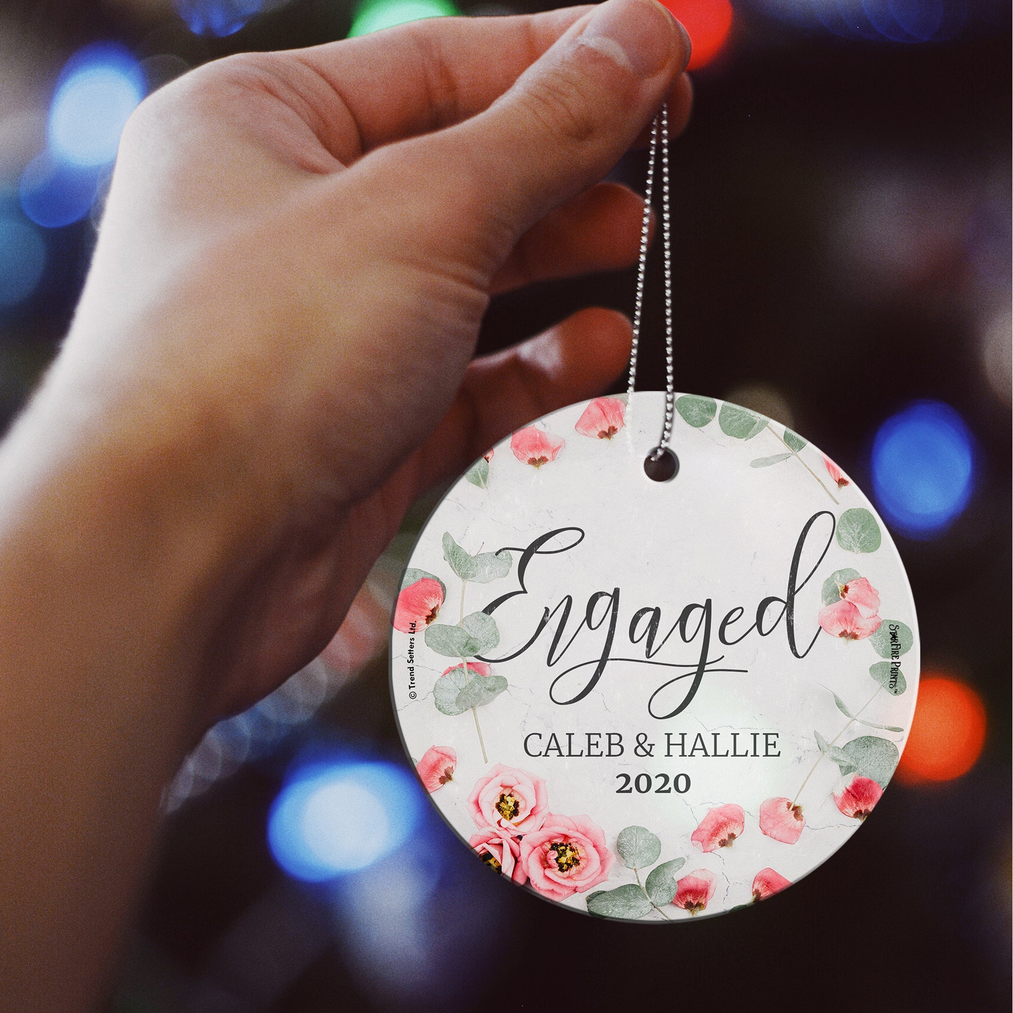Engagement Collection (First Christmas Engaged Pink Flowers - Personalized) StarFire Prints™ Hanging Glass Print SPCIR946